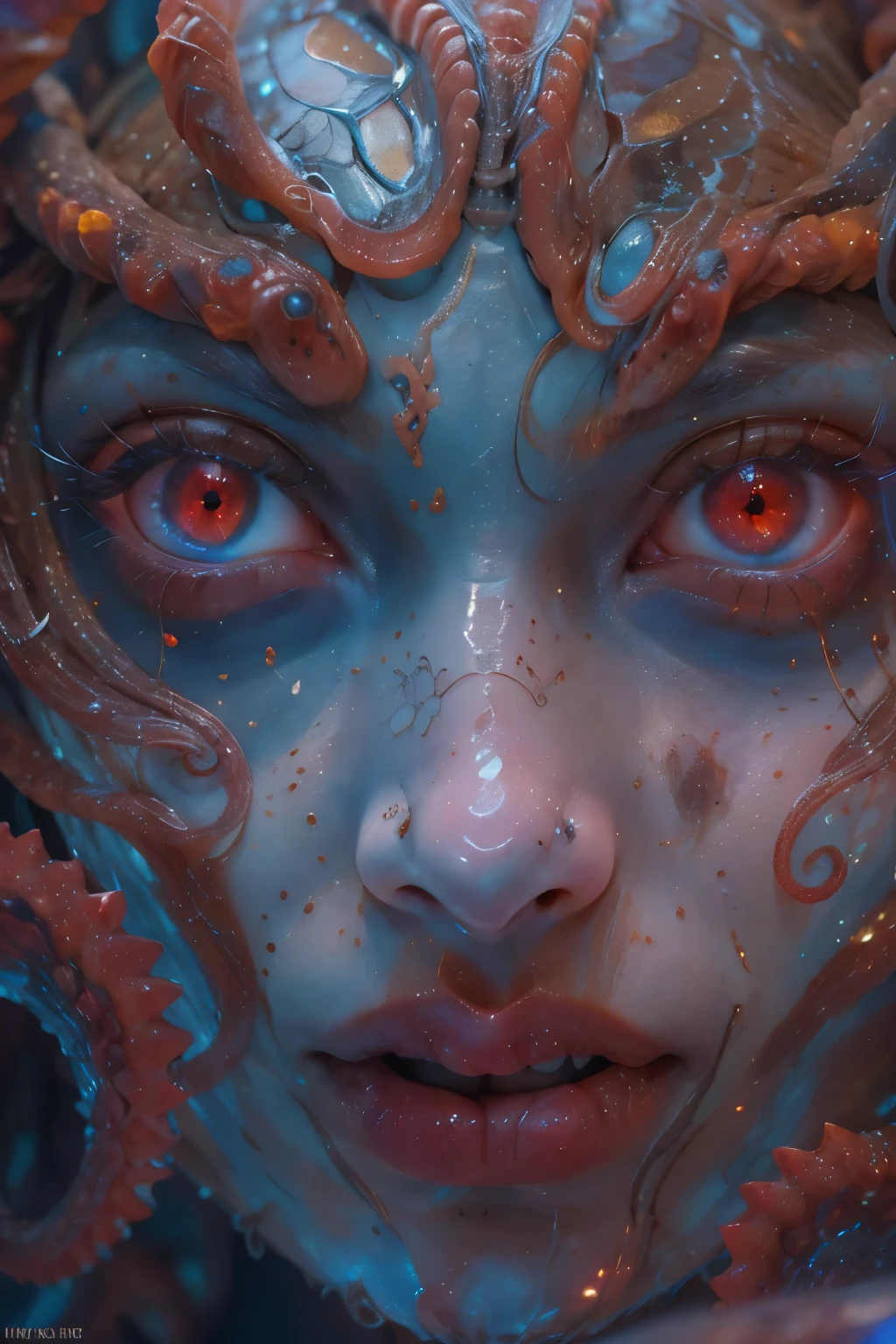 Portrait, (beautiful female alien:1.2), (she has red eyes with no pupils:1.8), (Translucent skin:1.7), (There is a female genital-like organ in the middle of the forehead:1.9), (The most beautiful face in the history of the universe:1.2),an evil gaze that seduces, (large mouth:1.1), (sharp teeth like a vampire:1.2), Full body like, (bio luminescent:1.5), (Smile wickedly:1.3), (sexypose:1.5), alien, No humans, cells are fused, (Lots of translucent tentacles:1.3) extraterrestrial, cell, bio image, Best Quality, 8K,4K_quality, High Definition, Dramatic Lighting, masutepiece:1.5,cinematic quality, detail up, (Intricate details:1.2), High resolution, High Definition, drawing faithfully, (Thick eyebrows:1.2), Beautiful eyes with fine symmetry,(Highly detailed face and eyes:1.2), Intimate face, (Super detailed skin quality feeling:1.4), Perfect Anatomy, (Beautiful toned body:1.5), (Moist skin:1.2), No makeup, (dark circles:1.1), long canines, cinematic drawing of characters, ultra high quality model, cinematic quality, detail up, (Intricate details:1.2), High resolution, High Definition, drawing faithfully, Official art, Unity 8K wall , 8K Portrait, Best Quality, Very High resolution, ultra detailed artistic photography, midnight aura, unreal enginee 5, Ultra Sharp Focus, art by alberto seveso, ArtGerm, Roisch, intricate artwork, best quality, masutepiece, ultra High resolution, (photos realistic:1.4), Ultra-realistic realism, dream-like, nautilus, Creation of fantasy, Snail, Dream Snail, biopunk nautilus, Thrilling color schemes, Ultra-realistic realism, seductively smiling, Blue tentacles,