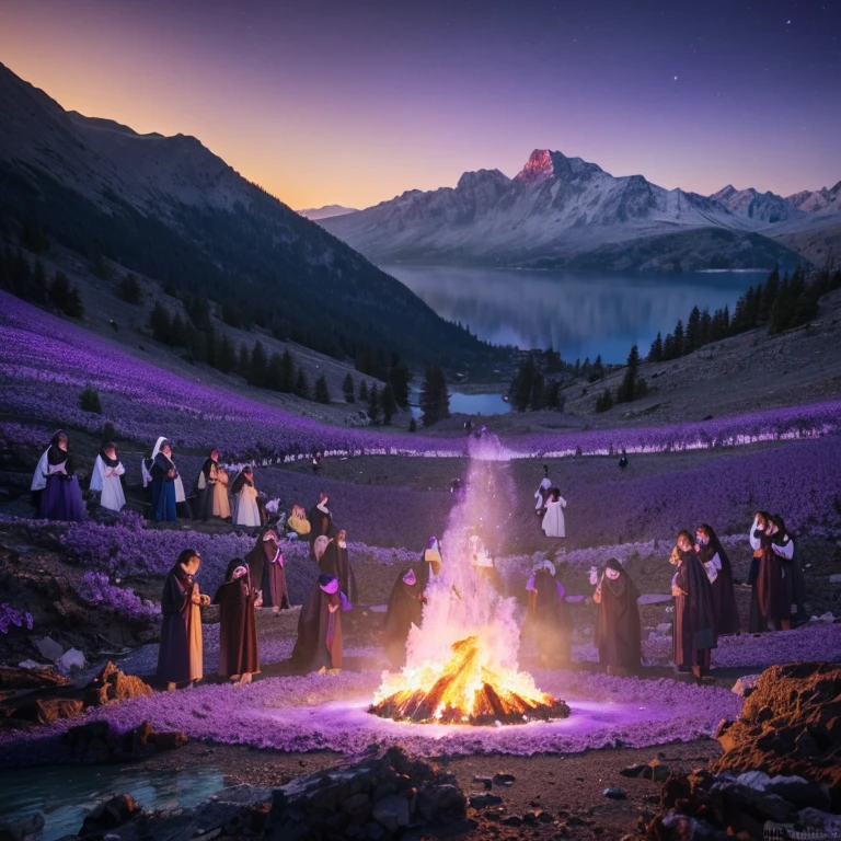 ((best quality))) (((HD))) (((8k))) (((violet flame lake))) a leke in the middle of mountains that burning violet flame, at the edge of the lake there 108 people crowded, and above the sky 18 angels with white wings are surrounding. heavenly golden and white background
