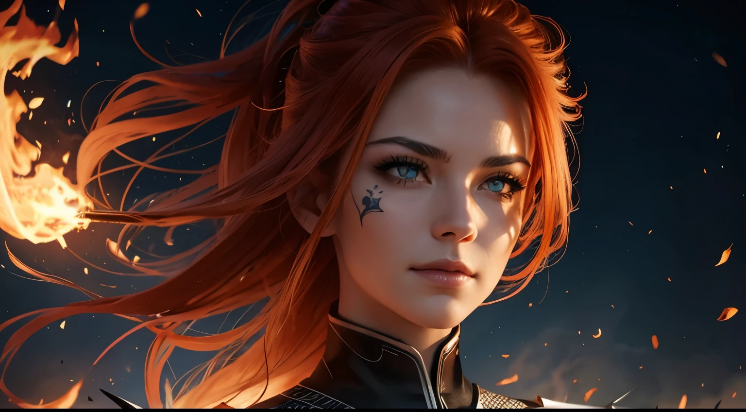 (headshot) (best quality) (high detail) woman's face with eyes of fire and ice and fiery hair flowing in front of her face, Cinders and ice crystals swirling in the air, fire embers around her, (pyro) fire tattoos, flame tattoos, tattoos, smirk, fiery smoke in background, sky filled with fire in the background, HDR, 4K, 3D, digital art