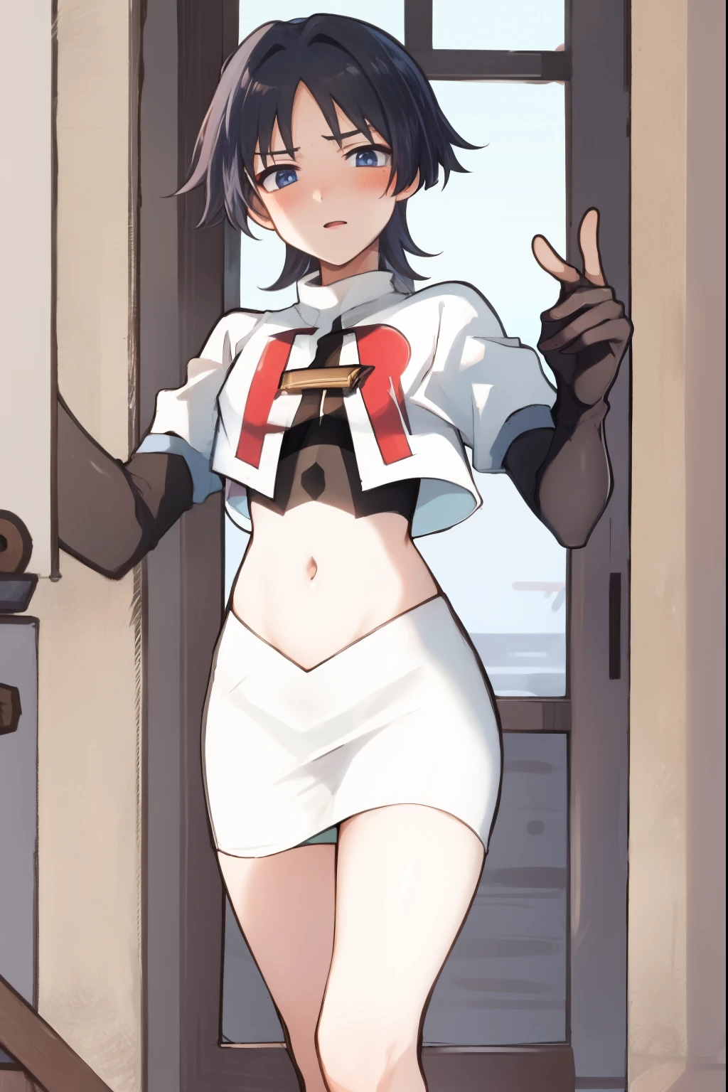 1girl,red eyes,short hair,brown hair,choker,collarbone,short hair with long locks,sidelocks,good hand,small breasts,smile,smug, witch hat,black cape,black thighhighs,bandages,red dress,black gloves,single thighhigh,belt,orange boots,asymmetrical legwear,bandaged leg,((slave collar:1.2))