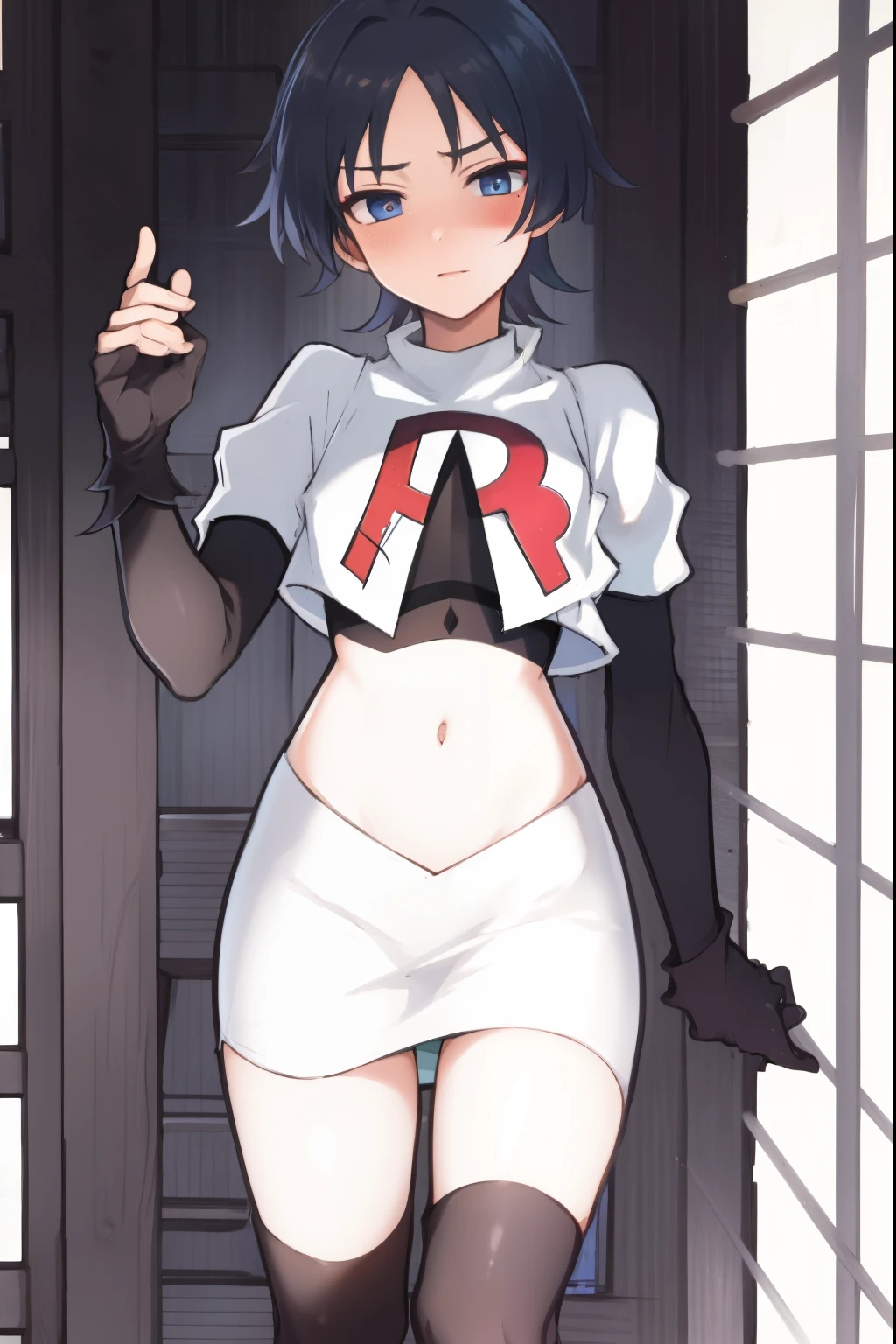 absurdres,masterpiece, trap, best quality, highres, high quality, 1boy, solo, male focus, hair, crossdressing,1boy,team rocket,team rocket uniform,white skirt,red letter R,crop top,black thigh-highs,black elbow gloves, blush