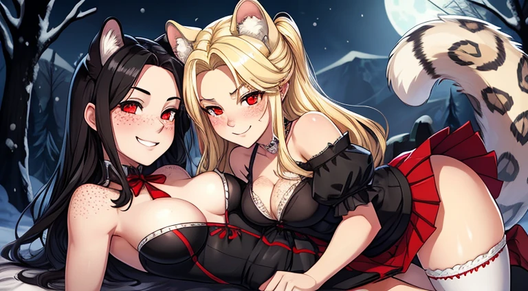 White woman vampire , fit, blond long thick wild hair , smiling , blushing , small snow leopard ears , red eyes , suductive smile , freckles, sexy pose , wearing a short skirt pussy out , bites her sister who has snow leopard ears and black hair