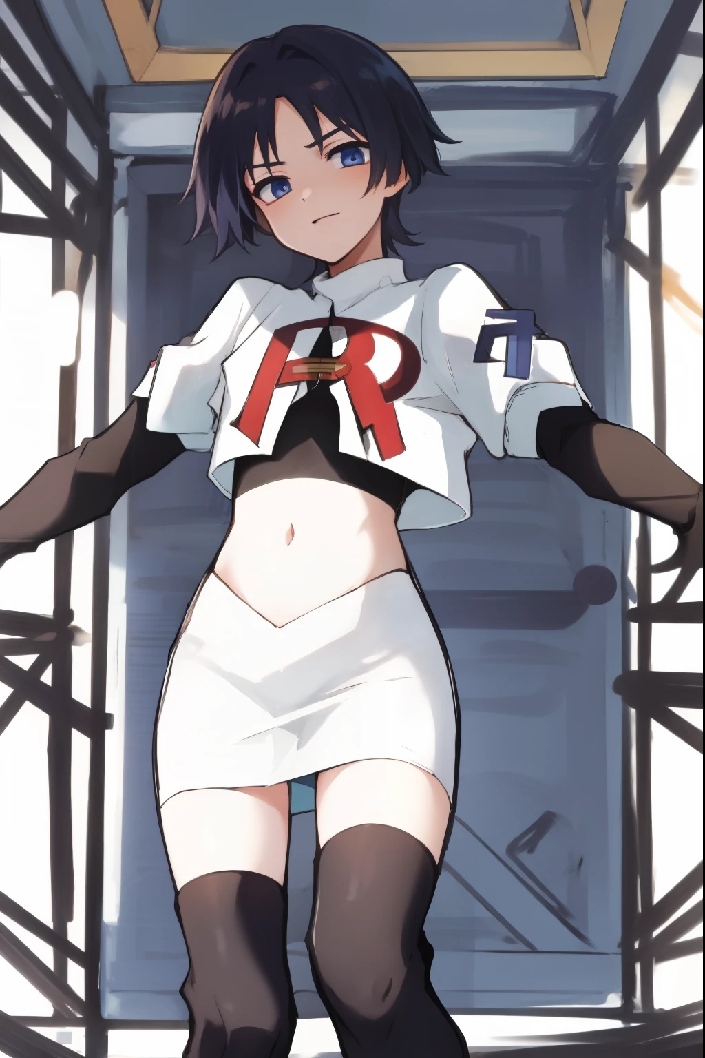 absurdres,masterpiece, trap, best quality, highres, high quality, 1boy, solo, male focus, hair, crossdressing,1boy,team rocket,team rocket uniform,white skirt,red letter R,crop top,black thigh-highs,black elbow gloves,