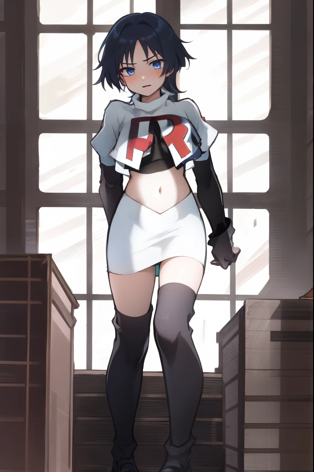 absurdres,masterpiece, trap, best quality, highres, high quality, 1boy, solo, male focus, hair, crossdressing,1boy,team rocket,team rocket uniform,white skirt,red letter R,crop top,black thigh-highs,black elbow gloves,