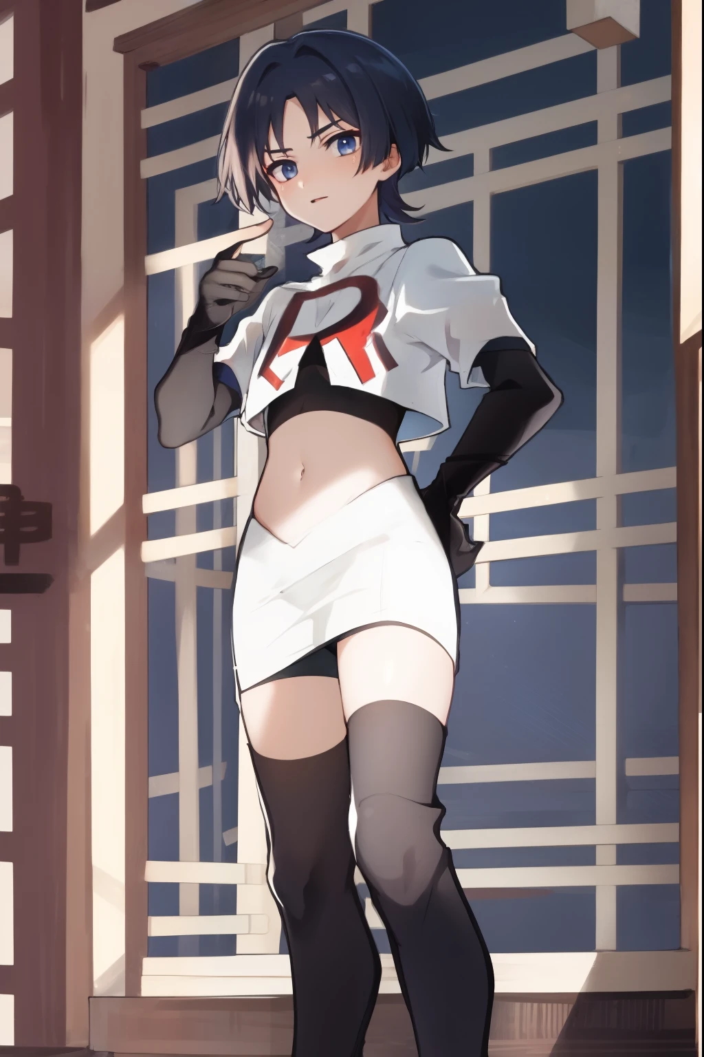 absurdres,masterpiece, trap, best quality, highres, high quality, 1boy, solo, male focus, hair, crossdressing,1boy,team rocket,team rocket uniform,white skirt,red letter R,crop top,black thigh-highs,black elbow gloves,