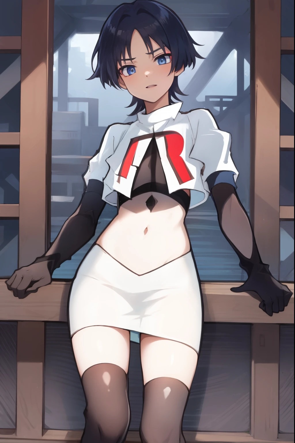 absurdres,masterpiece, trap, best quality, highres, high quality, 1boy, solo, male focus, hair, crossdressing,1boy,team rocket,team rocket uniform,white skirt,red letter R,crop top,black thigh-highs,black elbow gloves,