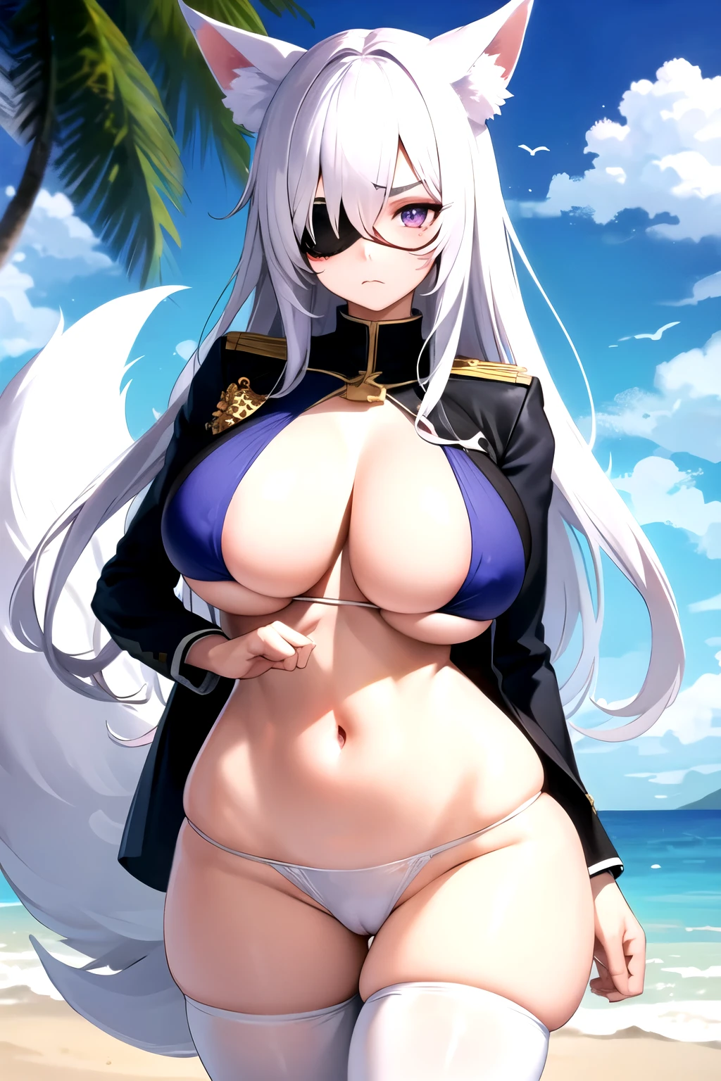 Anime girl, White fox ears, (One) White long fox tail, enormous boobs, white long hair, curvy, on beach, navel captain uniform, purple colored eyes, smooth skin, white thong, eye patch on right eye, serious face, navel uniform jacket and pants