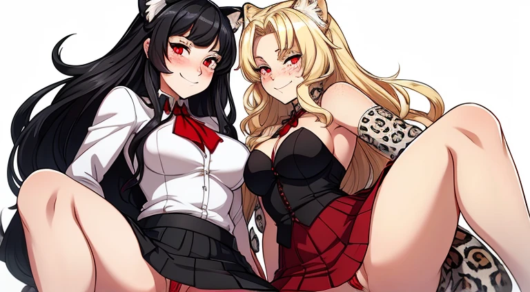 White woman vampire , fit, blond long thick wild hair , smiling , blushing , small snow leopard ears , red eyes , suductive smile , freckles,  sexy pose , wearing a short skirt pussy out  , bites her sister who has snow leopard ears and black hair