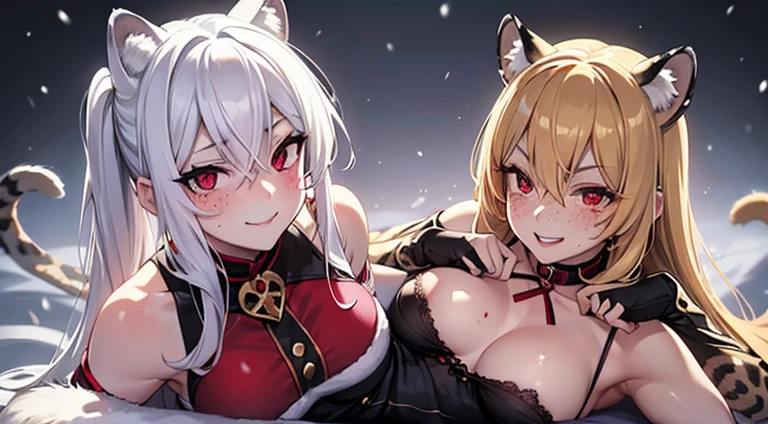 White woman vampire , fit, blond long thick wild hair , smiling , blushing , small snow leopard ears , red eyes , suductive smile , freckles, sexy pose , wearing a short skirt pussy out , bites her sister who has snow leopard ears and black hair