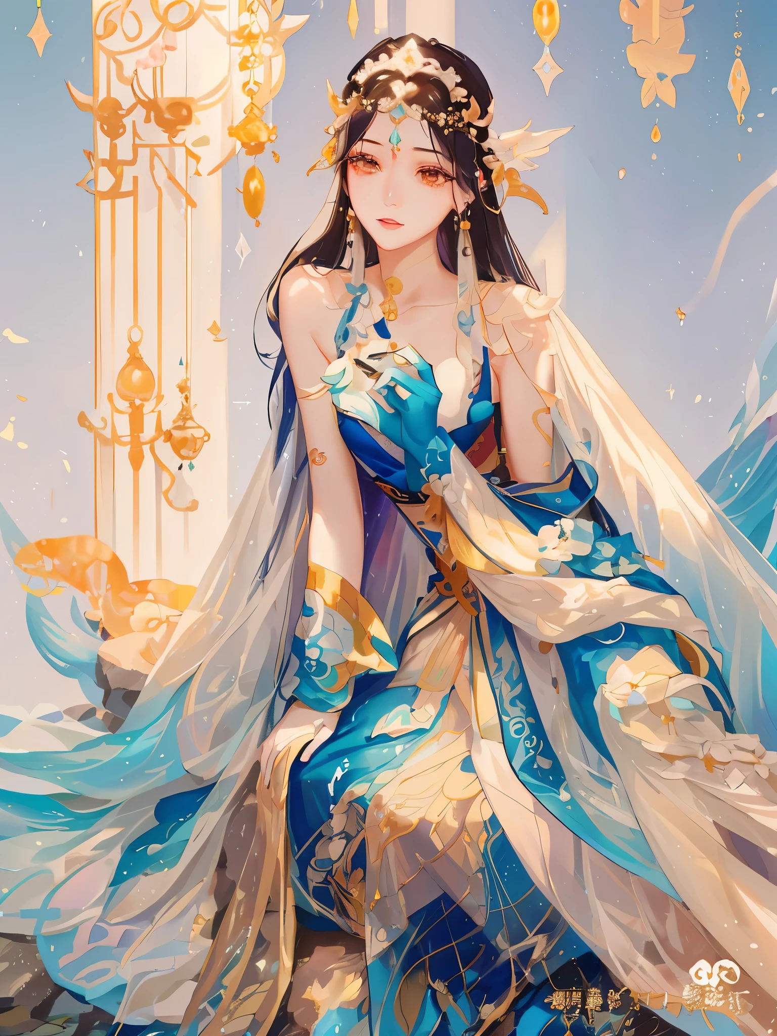 A woman in a blue dress sits on a rock, EtherealBeauty, beautiful fantasy empress, Queen of the Sea Mu Yanling, ((beautiful fantasy empress)), xianxia fantasy, Ethereal fantasy, full body xianxia, white hanfu, extremely beautiful and ethereal, Amazing young and ethereal figure, 宮 ， A girl in Hanfu