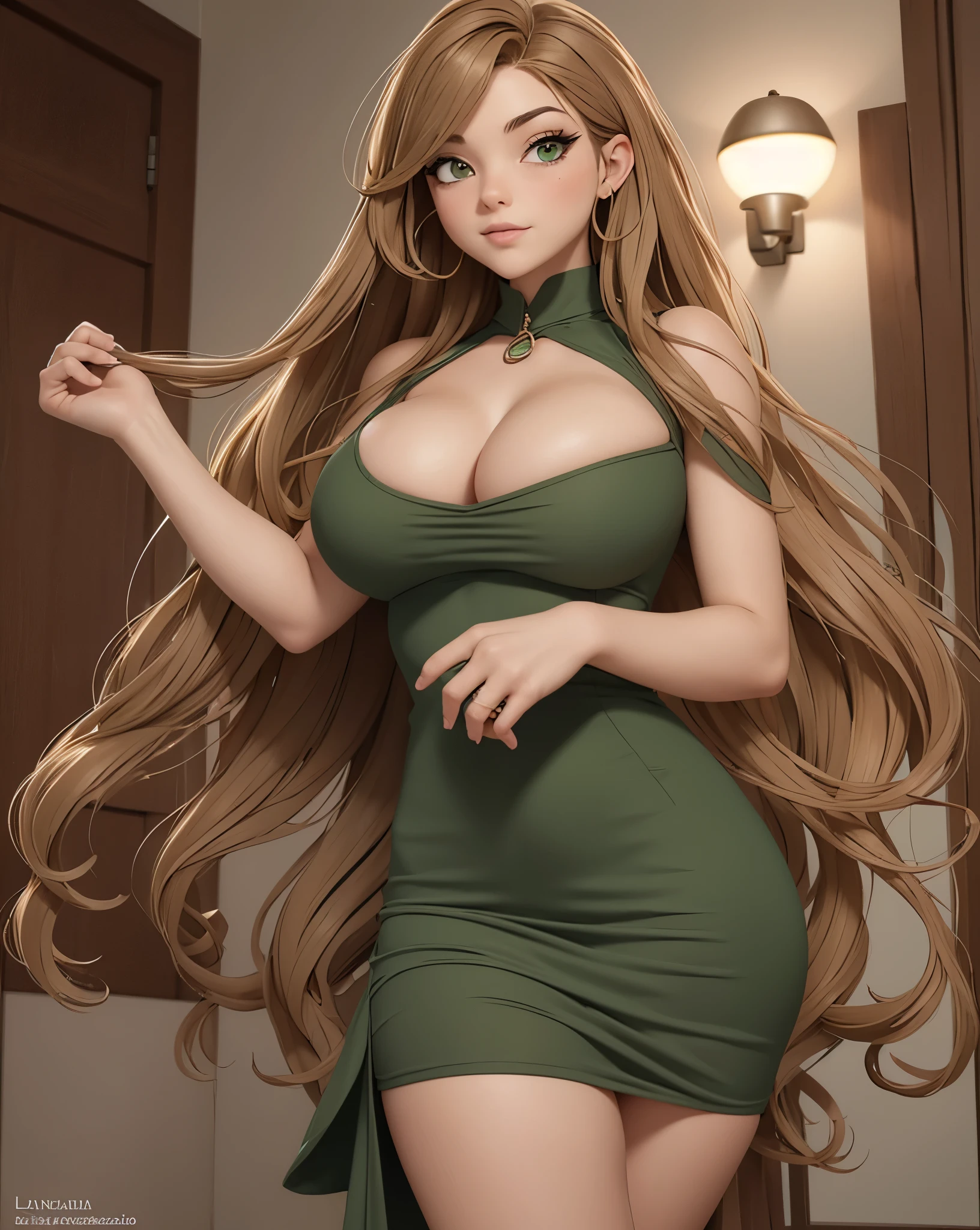 Just a girl with long curly light brown hair.. big size ass, ojos almendrados, verde intenso. Figura esbelta y elegante. Llevaba un elegante vestido largo verde., tetas grandes, grande, NSFW