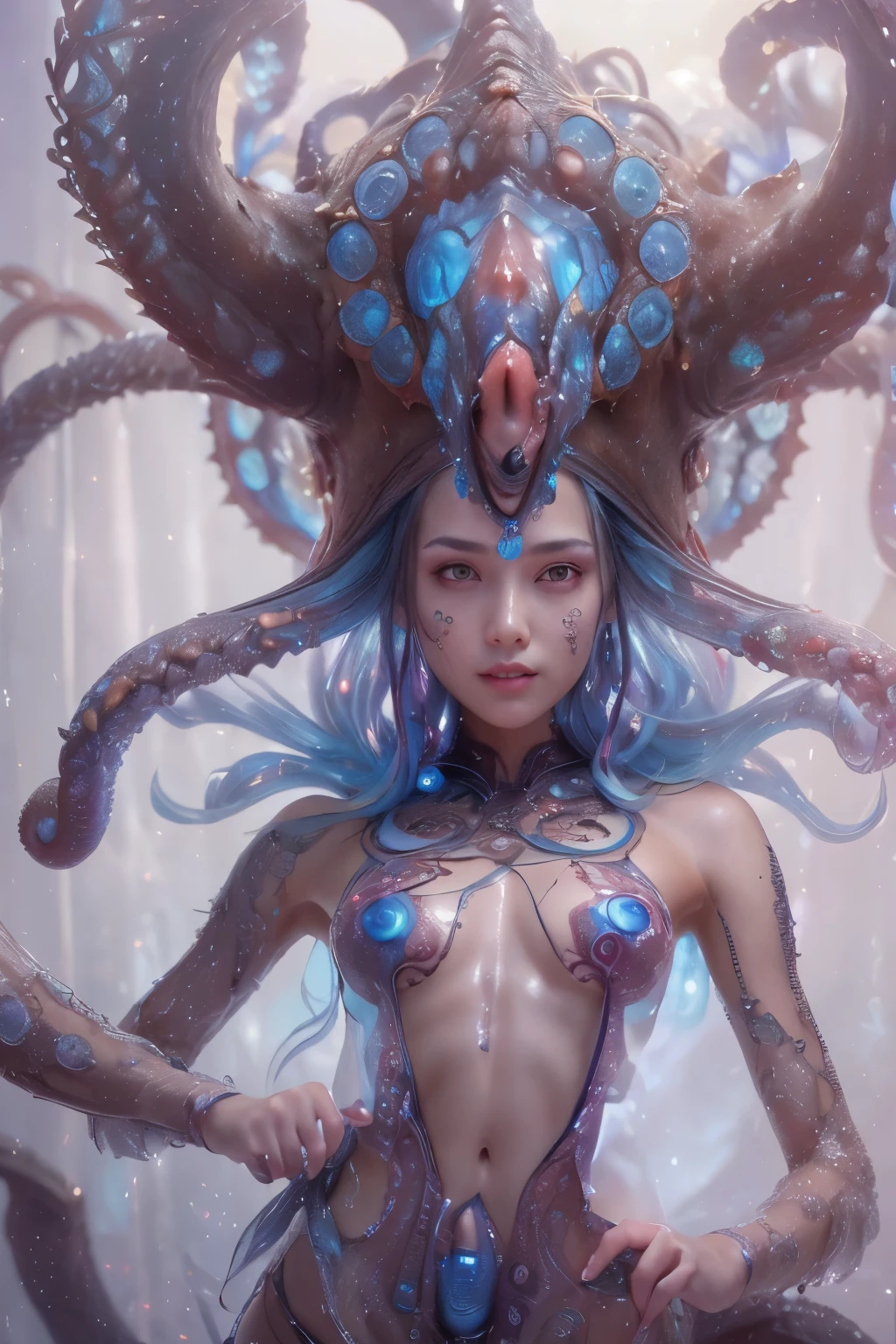 Portrait, (beautiful female alien:1.2), (she has red eyes with no pupils:1.8), (Translucent skin:1.7), (There is a female genital-like organ in the middle of the forehead:1.9), (The most beautiful face in the history of the universe:1.2),an evil gaze that seduces, (large mouth:1.1), (sharp teeth like a vampire:1.2), Full body like, (bio luminescent:1.5), (Smile wickedly:1.3), (sexypose:1.5), alien, No humans, cells are fused, (Lots of translucent tentacles:1.3) extraterrestrial, cell, bio image, Best Quality, 8K,4K_quality, High Definition, Dramatic Lighting, masutepiece:1.5,cinematic quality, detail up, (Intricate details:1.2), High resolution, High Definition, drawing faithfully, (Thick eyebrows:1.2), Beautiful eyes with fine symmetry,(Highly detailed face and eyes:1.2), Intimate face, (Super detailed skin quality feeling:1.4), Perfect Anatomy, (Beautiful toned body:1.5), (Moist skin:1.2), No makeup, (dark circles:1.1), long canines, cinematic drawing of characters, ultra high quality model, cinematic quality, detail up, (Intricate details:1.2), High resolution, High Definition, drawing faithfully, Official art, Unity 8K wall , 8K Portrait, Best Quality, Very High resolution, ultra detailed artistic photography, midnight aura, unreal enginee 5, Ultra Sharp Focus, art by alberto seveso, ArtGerm, Roisch, intricate artwork, best quality, masutepiece, ultra High resolution, (photos realistic:1.4), Ultra-realistic realism, dream-like, nautilus, Creation of fantasy, Snail, Dream Snail, biopunk nautilus, Thrilling color schemes, Ultra-realistic realism, seductively smiling, Blue tentacles,