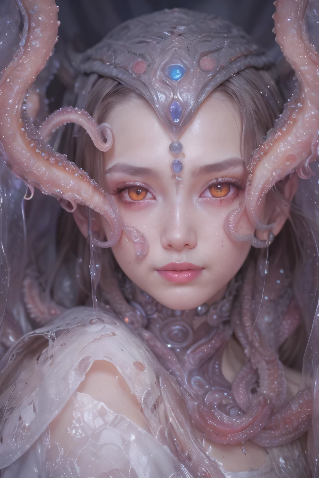 Portrait, (beautiful female alien:1.2),  (she has red eyes with no pupils:1.8), (Translucent skin:1.7),  (There is a female genital-like organ in the middle of the forehead:1.9), (The most beautiful face in the history of the universe:1.2),an evil gaze that seduces, (large mouth:1.1), (sharp teeth like a vampire:1.2), Full body like, (bio luminescent:1.5), (Smile wickedly:1.3),  (sexypose:1.5), alien, No humans, cells are fused, (Lots of translucent tentacles:1.3) extraterrestrial, cell, bio image, Best Quality, 8K,4K_quality, High Definition, Dramatic Lighting, masutepiece:1.5,cinematic quality, detail up, (Intricate details:1.2), High resolution, High Definition, drawing faithfully, (Thick eyebrows:1.2), Beautiful eyes with fine symmetry,(Highly detailed face and eyes:1.2), Intimate face, (Super detailed skin quality feeling:1.4), Perfect Anatomy,  (Beautiful toned body:1.5),  (Moist skin:1.2), No makeup, (dark circles:1.1), long canines, cinematic drawing of characters, ultra high quality model, cinematic quality, detail up, (Intricate details:1.2), High resolution, High Definition, drawing faithfully, Official art, Unity 8K wall  , 8K Portrait, Best Quality, Very High resolution, ultra detailed artistic photography, midnight aura,  unreal enginee 5, Ultra Sharp Focus, art by alberto seveso, ArtGerm, Roisch, intricate artwork, best quality, masutepiece, ultra High resolution, (photos realistic:1.4), Ultra-realistic realism, dream-like,  nautilus, Creation of fantasy, Snail, Dream Snail,  biopunk nautilus, Thrilling color schemes， Ultra-realistic realism， seductively smiling, Blue tentacles,