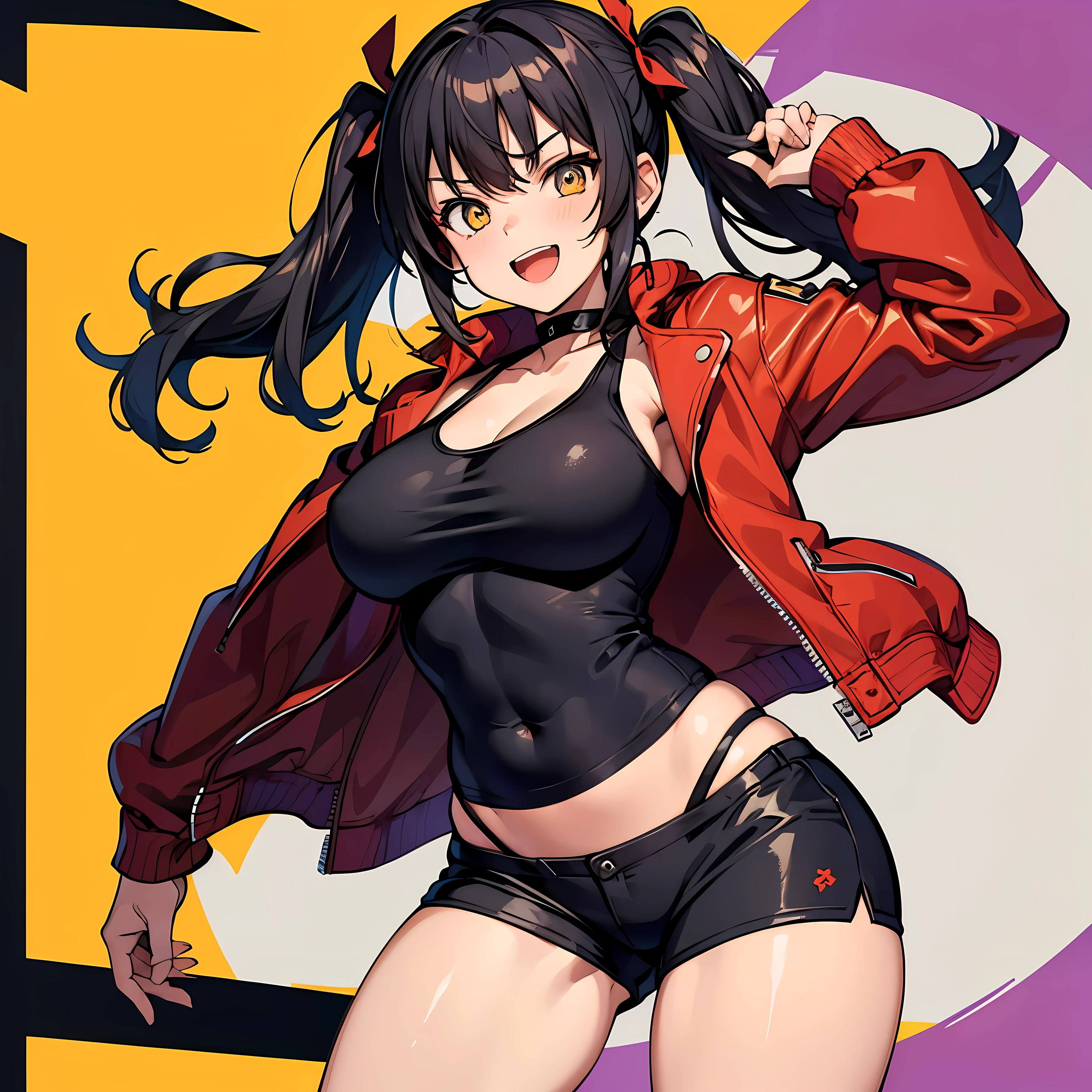 (Obra maestra), La mejor calidad, ojos expresivos, Cara perfecta, 1girl, solamente, tomboy, cabello desordenado, Colas gemelas cortas, pelo negro BREAK ojos amarillos BREAK chaqueta motera, chaqueta roja BREAK camiseta sin mangas negra pantalones cortos BREAK, They are smiling, boca abierta, senos grandes, ombligo, Fondo a cuadros, purple backdrop, En pie