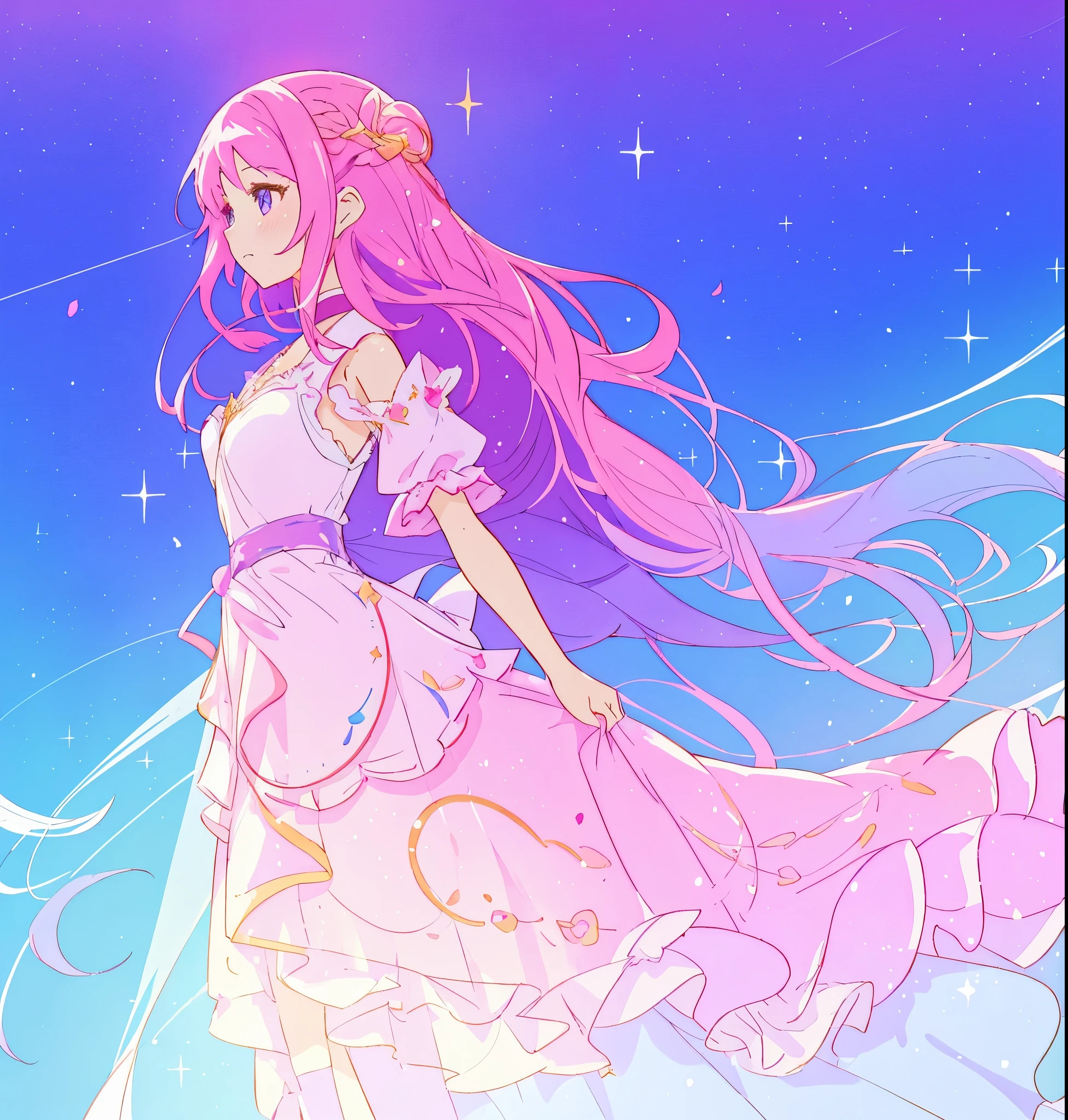 anime girl with long flowing pink-purple hair, sparkling puffy layered gradient ballgown, colorful fantasia background, liquid watercolor, beautiful anime art style, ethereal, inspired by Glen Keane, inspired by Lois van Baarle, disney art style, masterpiece, best quality, sharp focus, intricately detailed, golden ratio