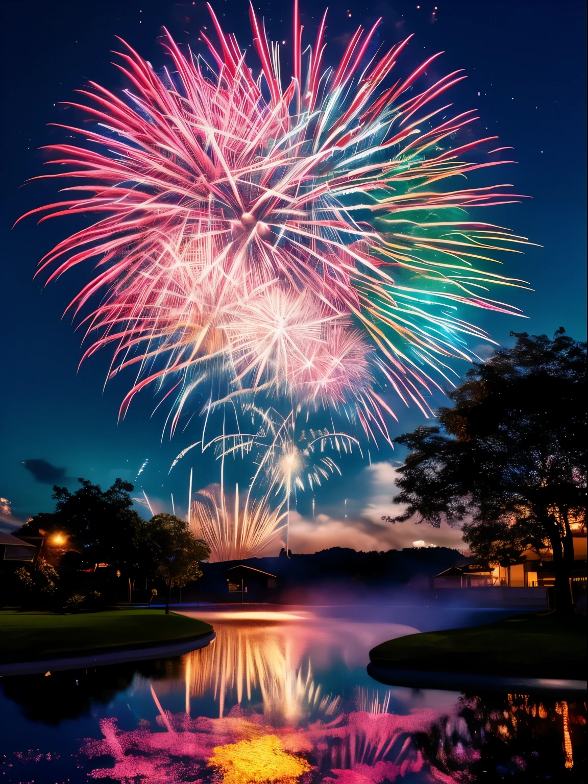 (best quality, master part:1.2), Foco suave, Aquarela gradiente brilhante, fotorrealista, artistic, psicodelic, noite bonita, fireworks —v 5