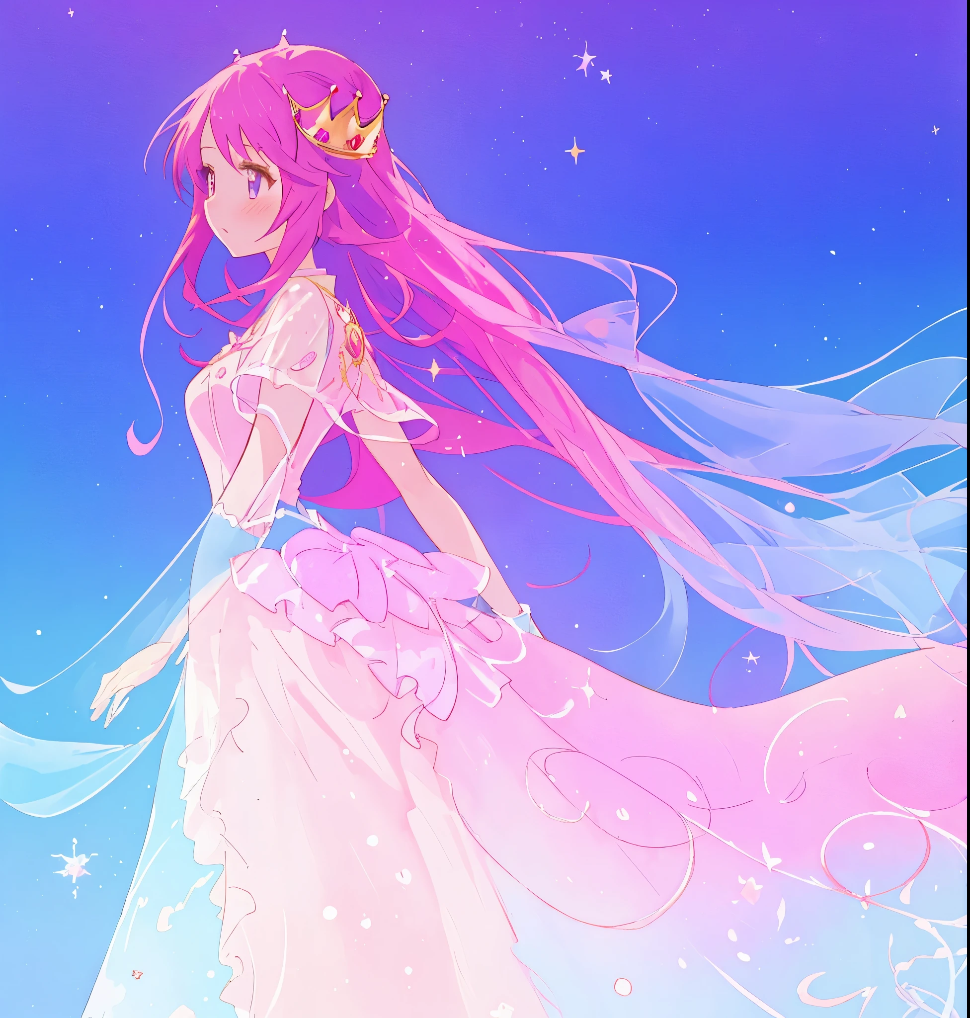 anime girl with long flowing pink purple hair, sparkling puffy layered gradient princess ballgown, colorful fantasia background, liquid watercolor, beautiful anime art style, ethereal, inspired by Glen Keane, inspired by Lois van Baarle, disney art style, masterpiece, best quality, sharp focus, intricately detailed, golden ratio
