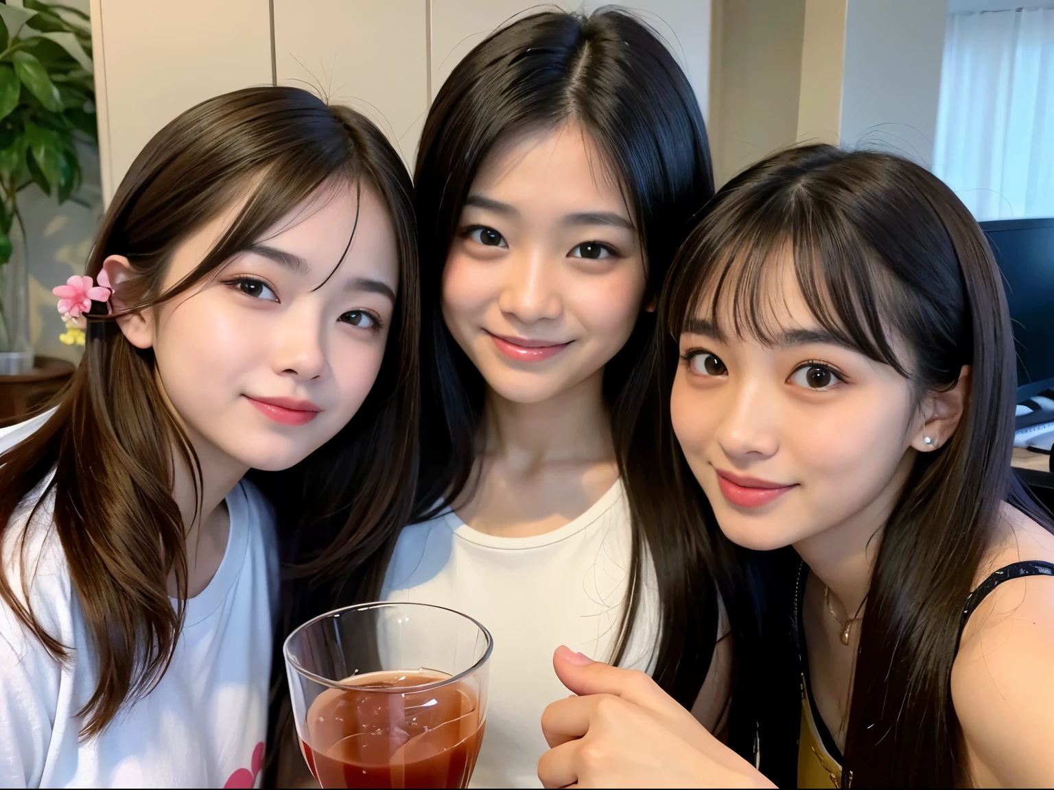 BEST-QUALITY, MASTERPIECE, ULTRA-HIGH-RESOLUTION, (PHOTOREALISTIC:1.4), RAW-PHOTO, ULTRA DETAILED, PERFECT-ANATOMYS, 3girls, all 16-years-old, all the most popular Japanese idols, all having a lot of fun at home drinking party, all laughing out loud, all extremely cute and drunk faces, all amazingly beautiful big black eyes, all extremely beautiful hair, all extremely beautiful lips, all extremely beautiful and extremely realistic skins, all extremely beautiful lips, all extremely beautiful long-eyelashes