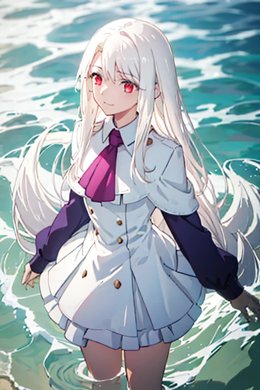 1girl,best quality, masterpiece, high resolution, solo, {illyasviel_von_einzbern:1.15}, long_hair, white_hair, red_eyes, bangs, hair_between_eyes, white skirt, short skirt, miniskirt, white blouse, white shirt, short shirt, big breasts, beach, sand , sea