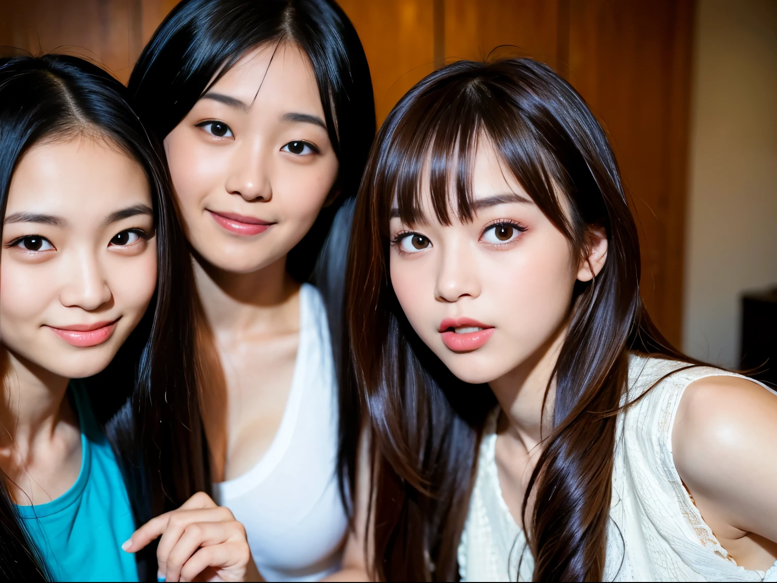 BEST-QUALITY, MASTERPIECE, ULTRA-HIGH-RESOLUTION, (PHOTOREALISTIC:1.4), RAW-PHOTO, ULTRA DETAILED, PERFECT-ANATOMYS, 3girls, all 16-years-old, all the most popular Japanese idols, all having a lot of fun at home drinking party, all laughing out loud, all extremely cute and drunk faces, all amazingly beautiful big black eyes, all extremely beautiful hair, all extremely beautiful lips, all extremely beautiful and extremely realistic skins, all extremely beautiful lips, all extremely beautiful long-eyelashes