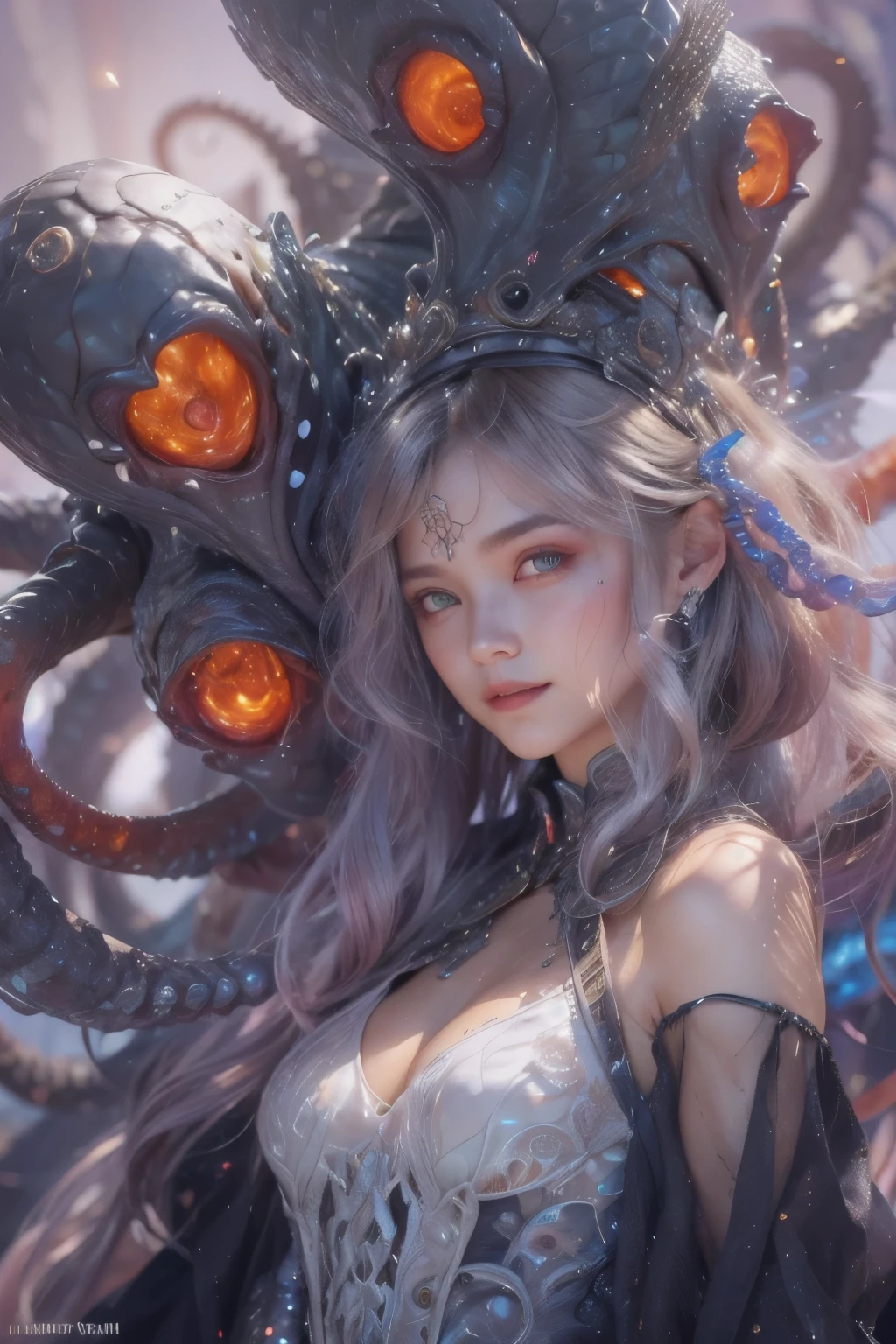 Portrait, (beautiful female alien:1.2), (she has red eyes with no pupils:1.8), (Translucent skin:1.7), (There is a female genital-like organ in the middle of the forehead:1.9), (The most beautiful face in the history of the universe:1.2),an evil gaze that seduces, (large mouth:1.1), (sharp teeth like a vampire:1.2), Full body like, (bio luminescent:1.5), (Smile wickedly:1.3), (sexypose:1.5), alien, No humans, cells are fused, (Lots of translucent tentacles:1.3) extraterrestrial, cell, bio image, Best Quality, 8K,4K_quality, High Definition, Dramatic Lighting, masutepiece:1.5,cinematic quality, detail up, (Intricate details:1.2), High resolution, High Definition, drawing faithfully, (Thick eyebrows:1.2), Beautiful eyes with fine symmetry,(Highly detailed face and eyes:1.2), Intimate face, (Super detailed skin quality feeling:1.4), Perfect Anatomy, (Beautiful toned body:1.5), (Moist skin:1.2), No makeup, (dark circles:1.1), long canines, cinematic drawing of characters, ultra high quality model, cinematic quality, detail up, (Intricate details:1.2), High resolution, High Definition, drawing faithfully, Official art, Unity 8K wall , 8K Portrait, Best Quality, Very High resolution, ultra detailed artistic photography, midnight aura, unreal enginee 5, Ultra Sharp Focus, art by alberto seveso, ArtGerm, Roisch, intricate artwork, best quality, masutepiece, ultra High resolution, (photos realistic:1.4), Ultra-realistic realism, dream-like, nautilus, Creation of fantasy, Snail, Dream Snail, biopunk nautilus, Thrilling color schemes, Ultra-realistic realism, seductively smiling, Blue tentacles,