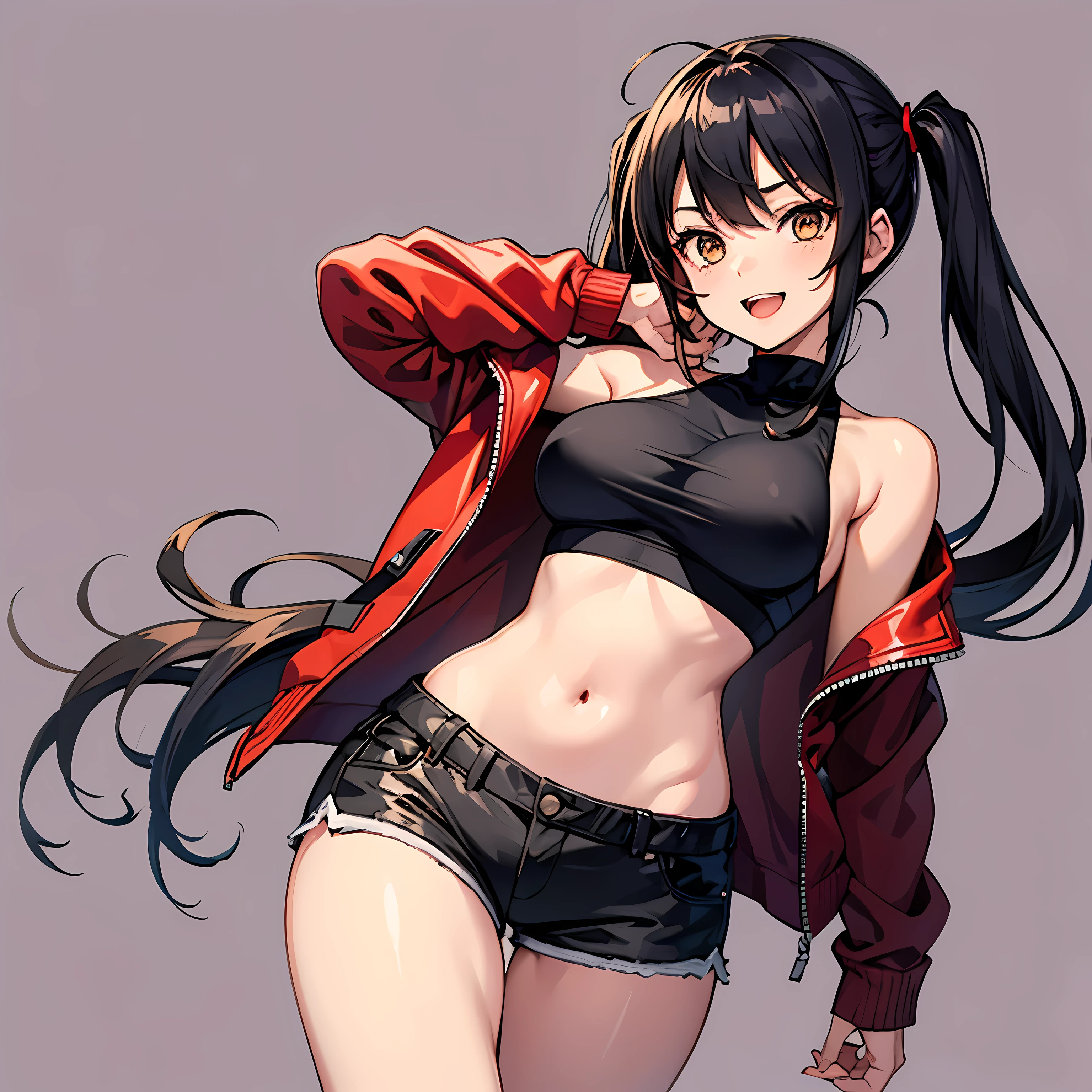 (Obra maestra), La mejor calidad, ojos expresivos, Cara perfecta, 1girl, solamente, tomboy, cabello desordenado, Colas gemelas cortas, pelo negro BREAK ojos amarillos BREAK chaqueta motera, chaqueta roja BREAK camiseta sin mangas negra pantalones cortos BREAK, They are smiling, boca abierta, senos grandes, ombligo, Fondo a cuadros, purple backdrop, En pie