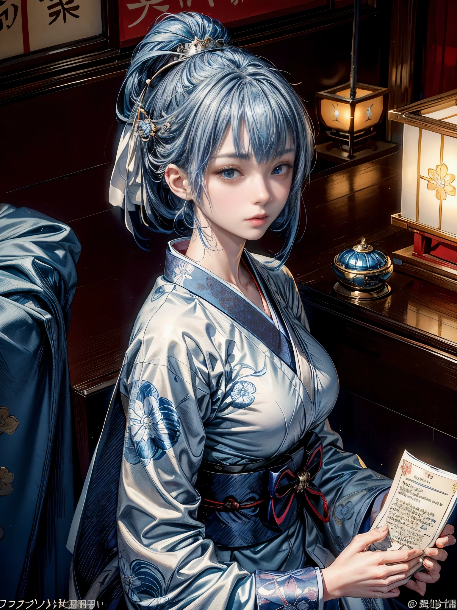 Cinematic lighting、16k picture quality、highlydetailed skin,1girl in, Solo、Best Quality,cyberpunked,(1beautiful woman、Detailed beautiful facial features:1.3)(Blue Medium Hair、Medium hairstyle that goes well with kimono:1.3)(well-shaped breasts:1.3)Blue eyes that are about to leak, Beautiful shiny white and blue Japanese clothes、Japanese beauty wearing a blue kimono、Kimono、(A slight smil、Turn around:1.3)Kyoto Shrine in the morning、Visit(new year atmosphere)(朝の神社でVisit、Many beautiful votive tablets are on display.、Visit:1.5)