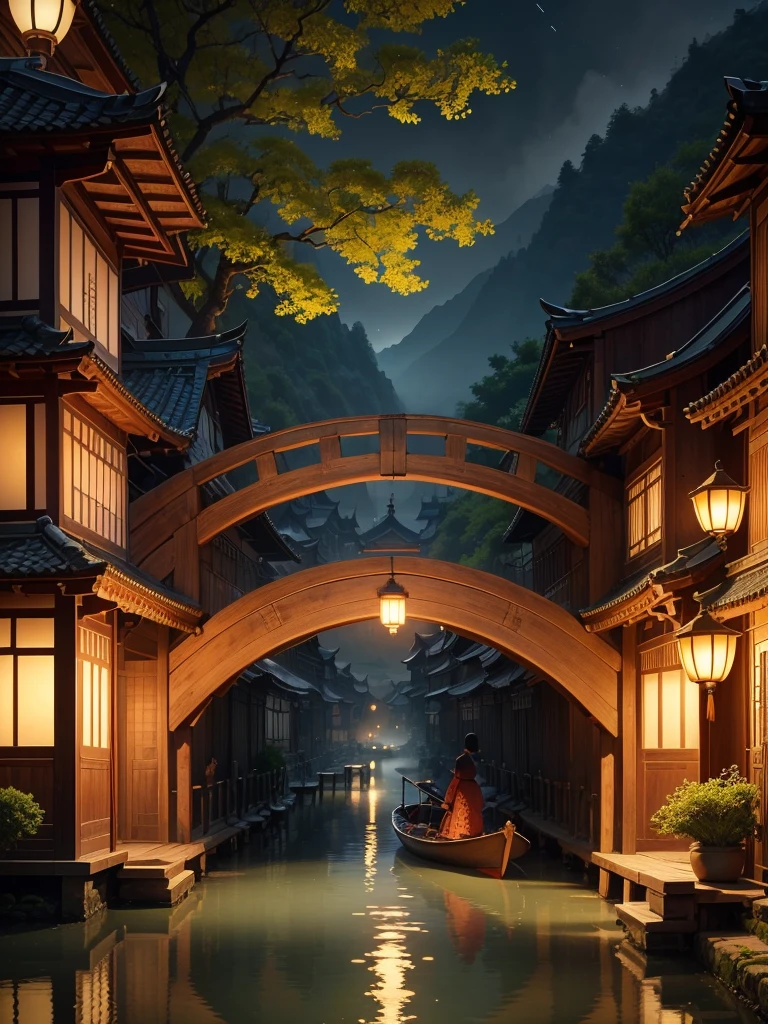 (best quality,4k,8k,highres,masterpiece:1.2),ultra-detailed,(realistic,photorealistic,photo-realistic:1.37),water village,traditional Chinese architecture,floating boats,blooming lotus flowers,peaceful atmosphere,reflections on the water,preserving ancient culture,narrow canals,misty morning,serene landscape,colorful traditional costumes,willow trees swaying in the breeze,ancient bridges connecting the village,old wooden houses with intricate carvings,local residents in traditional attire,enjoying a leisurely boat ride,faint sound of a traditional Chinese musical instrument in the distance,traditional Chinese lanterns illuminating the night,peaceful coexistence between nature and human,subtle shades of green and blue,soft natural lighting.