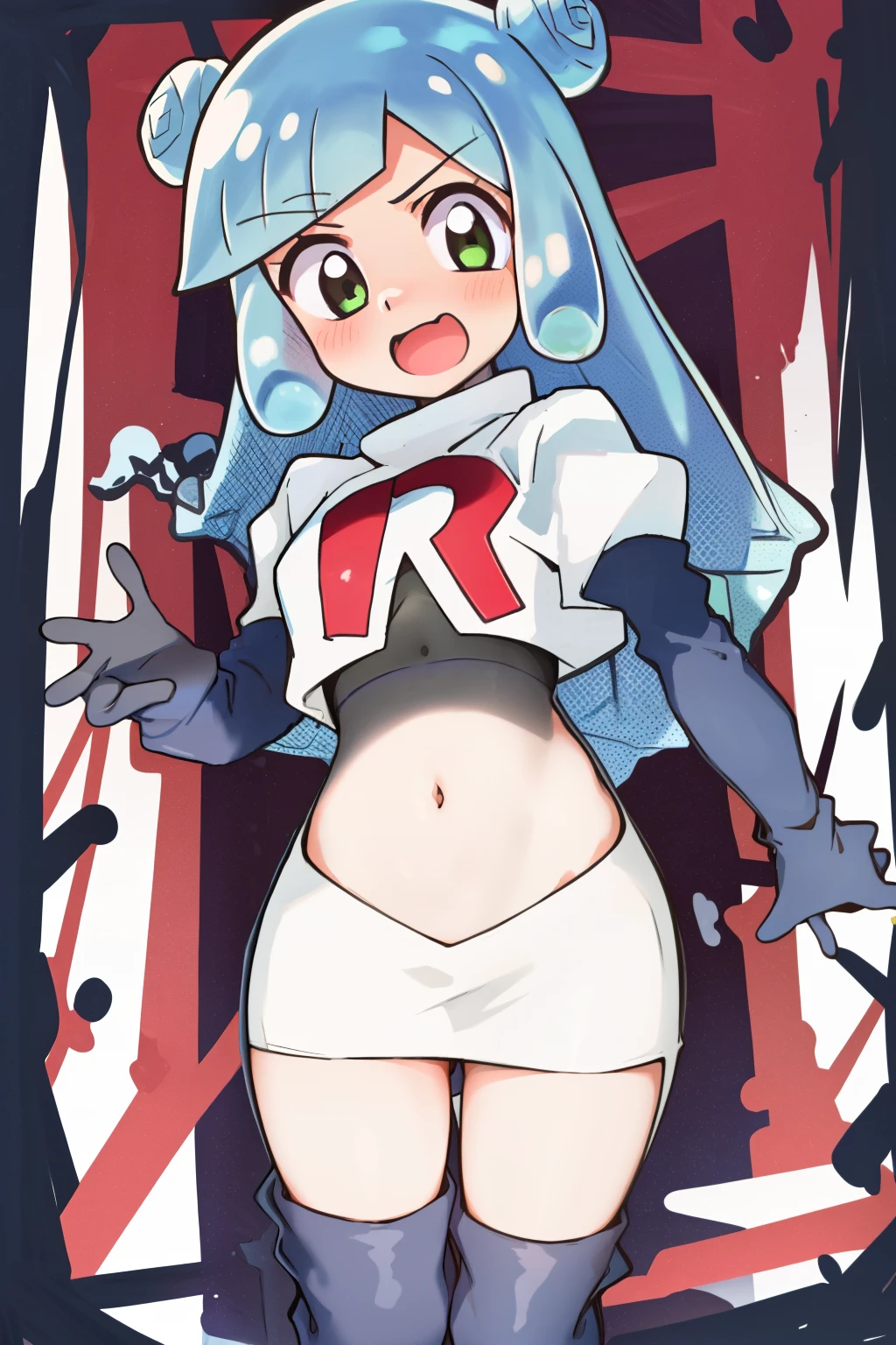 masterpiece, best_quality, 1girl, solo, puniru \(puniru wa kawaii slime\), puniru wa kawaii slime, gradient hair, bangs, green eyes, double bun, mini hat, long hair, team rocket,team rocket uniform,white skirt,red letter R,crop top,black thigh-highs,black elbow gloves,