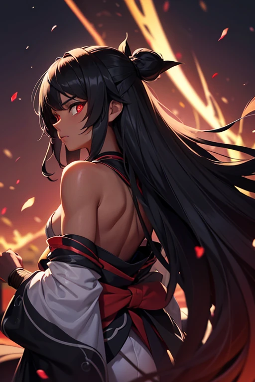 black skin, headband, woman fighter, back long hair, glowing eyes, kimono in shreds