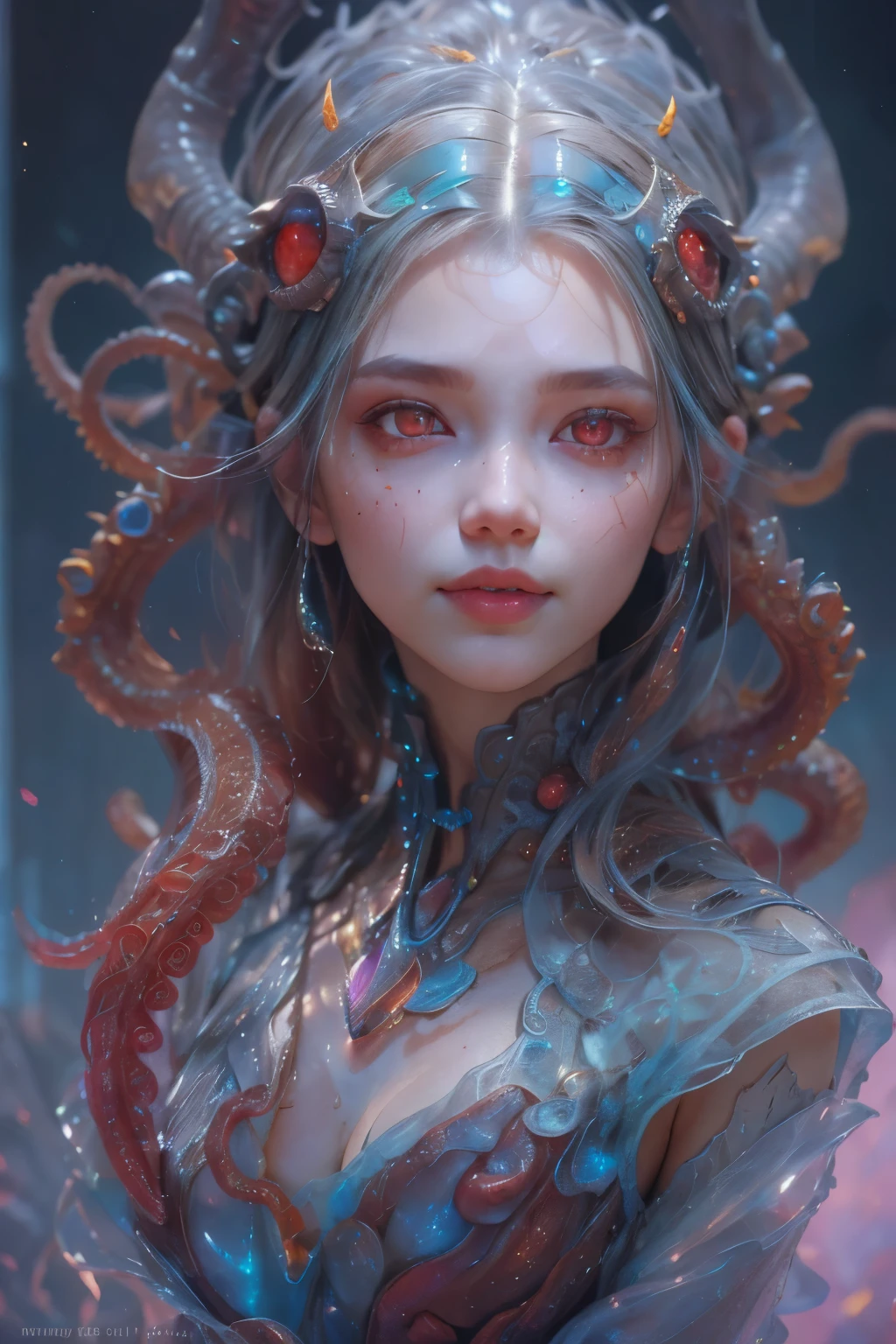 Portrait, (beautiful female alien:1.2),  (she has red eyes with no pupils:1.8), (Translucent skin:1.7),  (There is a female genital-like organ in the middle of the forehead:1.9), (The most beautiful face in the history of the universe:1.2),an evil gaze that seduces, (large mouth:1.1), (sharp teeth like a vampire:1.2), Full body like, (bio luminescent:1.5), (Smile wickedly:1.3),  (sexypose:1.5), alien, No humans, cells are fused, (Lots of translucent tentacles:1.3) extraterrestrial, cell, bio image, Best Quality, 8K,4K_quality, High Definition, Dramatic Lighting, masutepiece:1.5,cinematic quality, detail up, (Intricate details:1.2), High resolution, High Definition, drawing faithfully, (Thick eyebrows:1.2), Beautiful eyes with fine symmetry,(Highly detailed face and eyes:1.2), Intimate face, (Super detailed skin quality feeling:1.4), Perfect ???????,  (Beautiful toned body:1.5),  (Moist skin:1.2), No makeup, (dark circles:1.1), long canines, cinematic drawing of characters, ultra high quality model, cinematic quality, detail up, (Intricate details:1.2), High resolution, High Definition, drawing faithfully, Official art, Unity 8K wall  , 8K Portrait, Best Quality, Very High resolution, ultra detailed artistic photography, midnight aura,  unreal enginee 5, Ultra Sharp Focus, art by alberto seveso, ArtGerm, Roisch, intricate artwork, best quality, masutepiece, ultra High resolution, (photos realistic:1.4), Ultra-realistic realism, dream-like,  nautilus, Creation of fantasy, Snail, Dream Snail,  biopunk nautilus, Thrilling color schemes， Ultra-realistic realism， seductively smiling, Blue tentacles,
