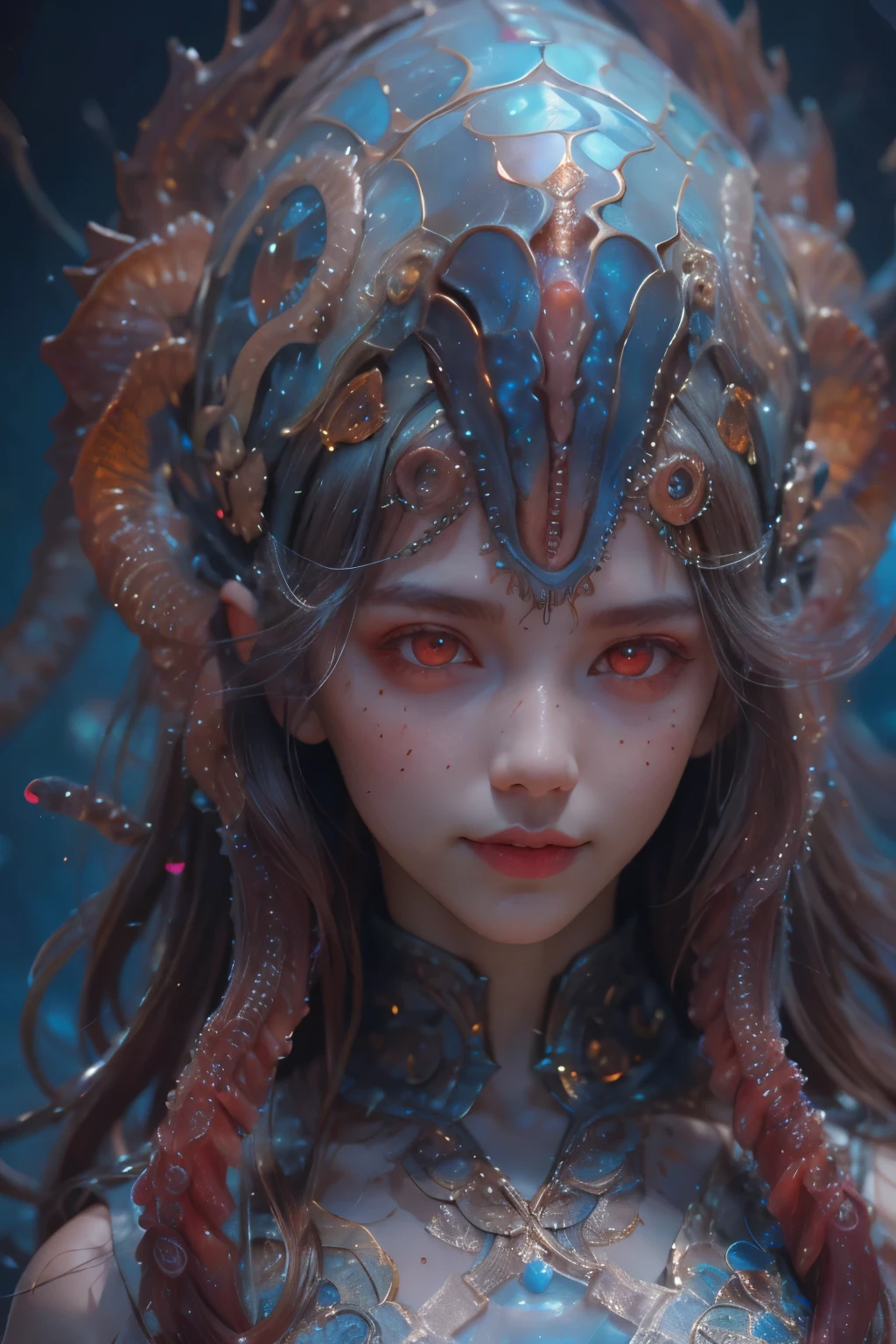 Portrait, (beautiful female alien:1.2), (she has red eyes with no pupils:1.8), (Translucent skin:1.7), (There is a female genital-like organ in the middle of the forehead:1.9), (The most beautiful face in the history of the universe:1.2),an evil gaze that seduces, (large mouth:1.1), (sharp teeth like a vampire:1.2), Full body like, (bio luminescent:1.5), (Smile wickedly:1.3), (sexypose:1.5), alien, No humans, cells are fused, (Lots of translucent tentacles:1.3) extraterrestrial, cell, bio image, Best Quality, 8K,4K_quality, High Definition, Dramatic Lighting, masutepiece:1.5,cinematic quality, detail up, (Intricate details:1.2), High resolution, High Definition, drawing faithfully, (Thick eyebrows:1.2), Beautiful eyes with fine symmetry,(Highly detailed face and eyes:1.2), Intimate face, (Super detailed skin quality feeling:1.4), Perfect Anatomy, (Beautiful toned body:1.5), (Moist skin:1.2), No makeup, (dark circles:1.1), long canines, cinematic drawing of characters, ultra high quality model, cinematic quality, detail up, (Intricate details:1.2), High resolution, High Definition, drawing faithfully, Official art, Unity 8K wall , 8K Portrait, Best Quality, Very High resolution, ultra detailed artistic photography, midnight aura, unreal enginee 5, Ultra Sharp Focus, art by alberto seveso, ArtGerm, Roisch, intricate artwork, best quality, masutepiece, ultra High resolution, (photos realistic:1.4), Ultra-realistic realism, dream-like, nautilus, Creation of fantasy, Snail, Dream Snail, biopunk nautilus, Thrilling color schemes, Ultra-realistic realism, seductively smiling, Blue tentacles,