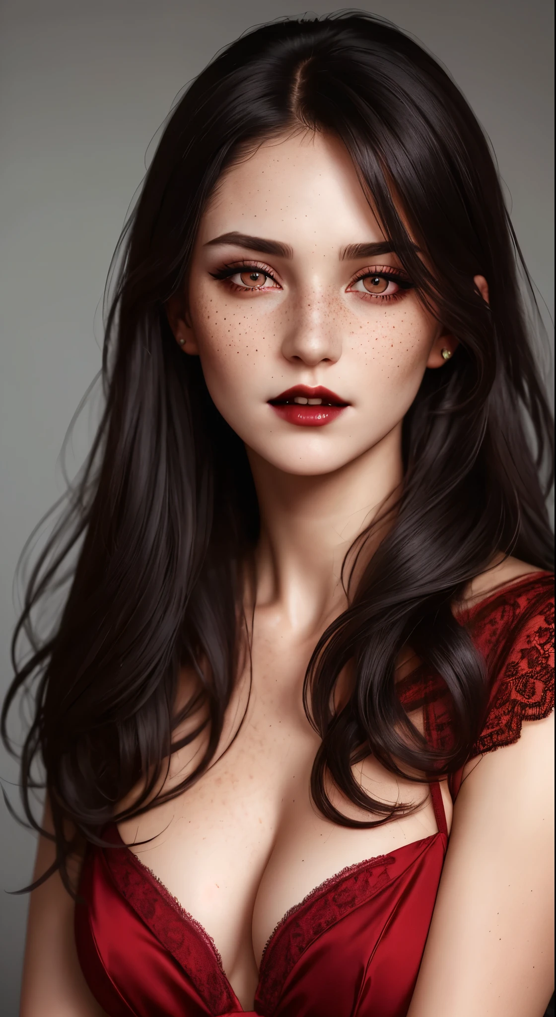 (best quality, hyperdetailed photography:1.2), beautiful lady, freckles, dark makeup, soft light, head and breast portrait, cover, (detailed beautiful face, detail skin texture, ultra-detailed body:1.1) ((sexy vampire girl)),red dress, ultra realistic detailed skin texture,