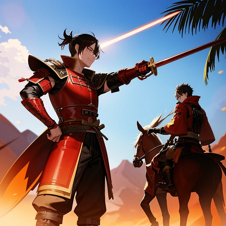 A samurai with red armor and he is holding a fire sword in his right hand in a desert with no water with palm trees and the sun shining in the background