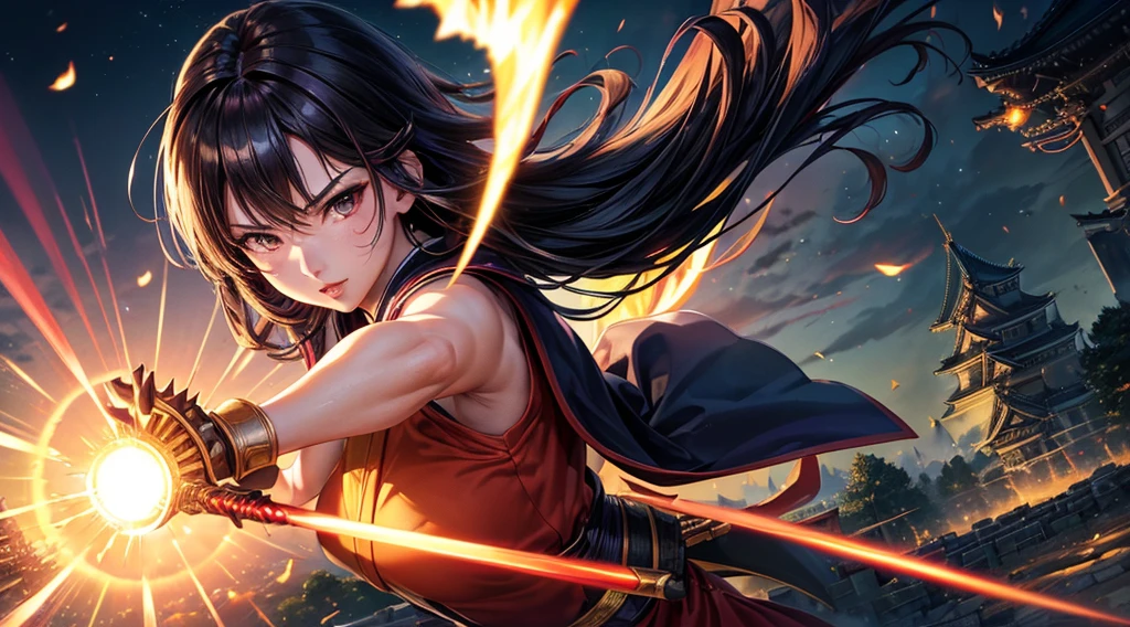 masterpiece,8k,best quality,ultra detailed,ultra highres,(1 Female kunoichi with 1Fairy),(swinging a shinning katana),(Equip a japanese armor),(rage:0.6),(upper body shot:1.2),black hair,Very Long Hair,brown eye,straight hair,(fire:1.1),(Burning-Edge:1.2),(sunrise),(((japanese castle))),(((courtyard))),(Shimmering Nightscapes),(Cosmic Whirl:1.0),(((Heroic pose))),(full lips:1.2),(Radiant Flares:1.2),(((war))),(((assault:1.3))),(((run:1.2))),(((high angle:1.3)))