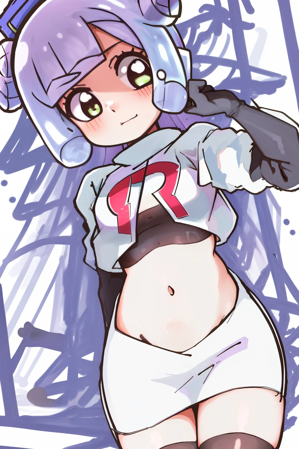 masterpiece, best_quality, 1girl, solo, puniru \(puniru wa kawaii slime\), puniru wa kawaii slime, gradient hair, bangs, green eyes, double bun, mini hat, long hair, team rocket,team rocket uniform,white skirt,red letter R,crop top,black thigh-highs,black elbow gloves,