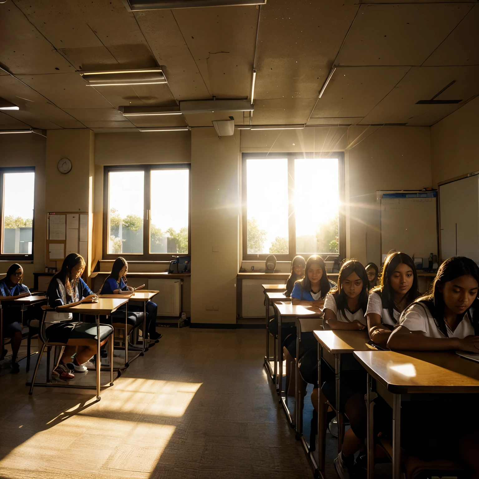 classroom full of students, evening ambience, sunlight coming through window, golden hour