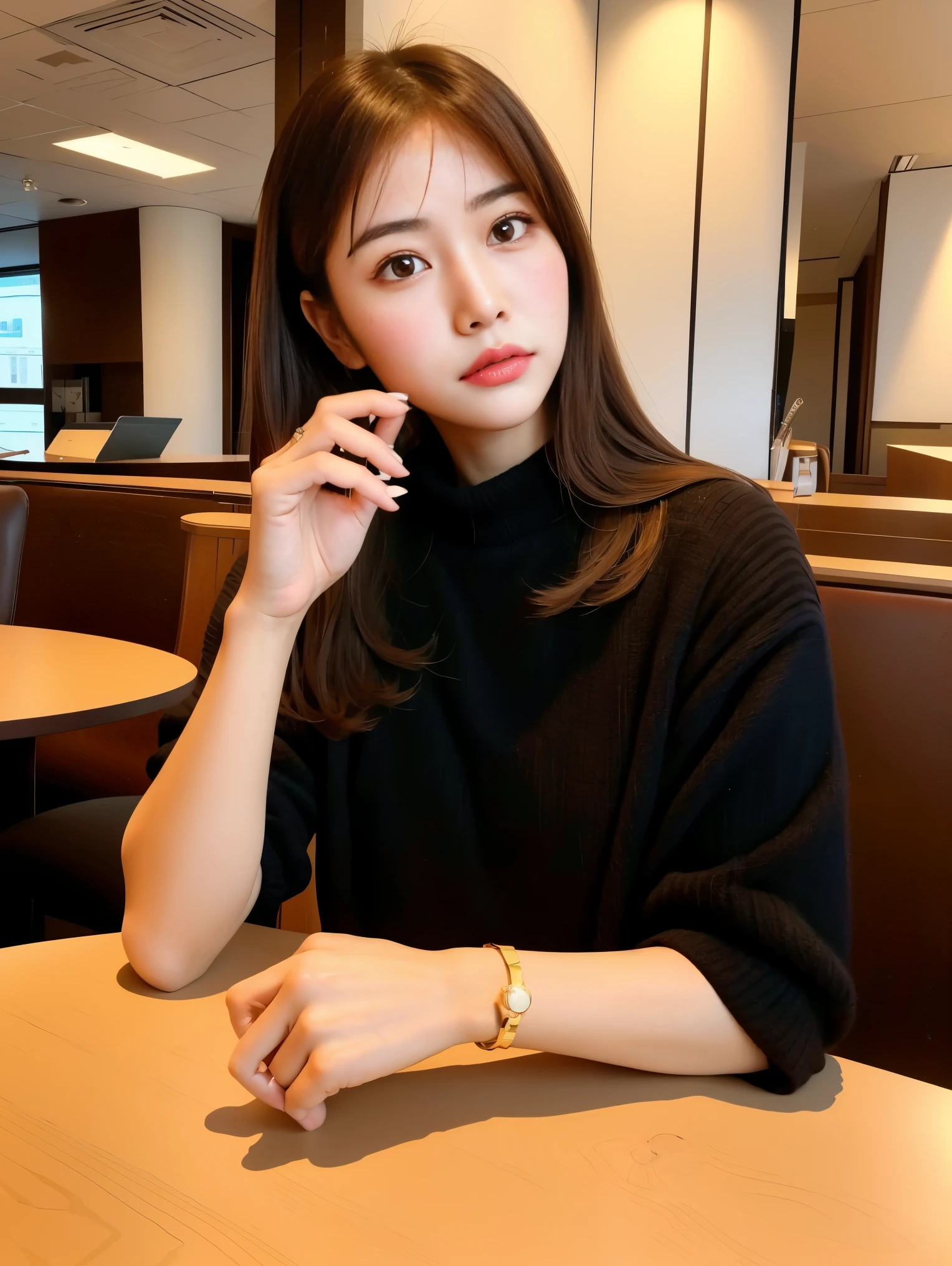 There is a woman sitting at a table drinking tea, 奈良美智, chiho, Kimi Takemura, 19-year-old girl, shikamimi, tzuyu from twice, sakimichan, Ayami, deayami kojima, 🚿🗝📝, Chiho Ashima