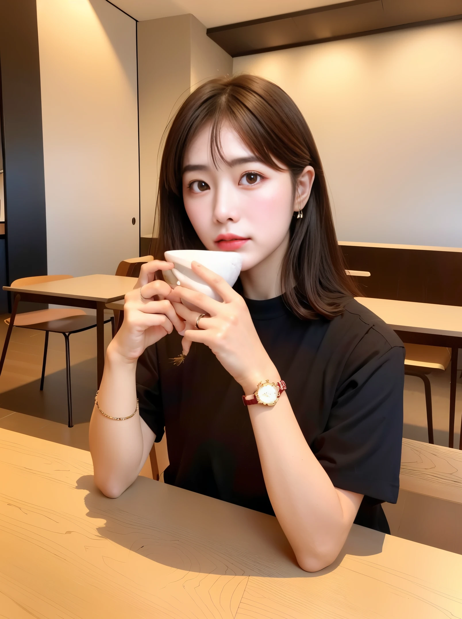 There is a woman sitting at a table drinking tea, 奈良美智, chiho, Kimi Takemura, 19-year-old girl, shikamimi, tzuyu from twice, sakimichan, Ayami, deayami kojima, 🚿🗝📝, Chiho Ashima