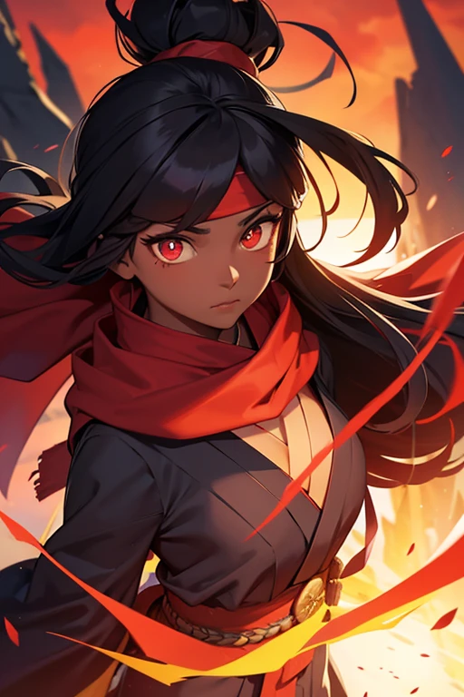 black skin, headband, woman fighter, back long hair, glowing eyes, ripped kimono, ripped red scarf