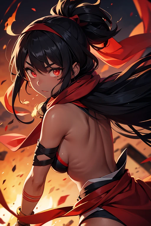 black skin, headband, woman fighter, back long hair, glowing eyes, ripped kimono, ripped red scarf