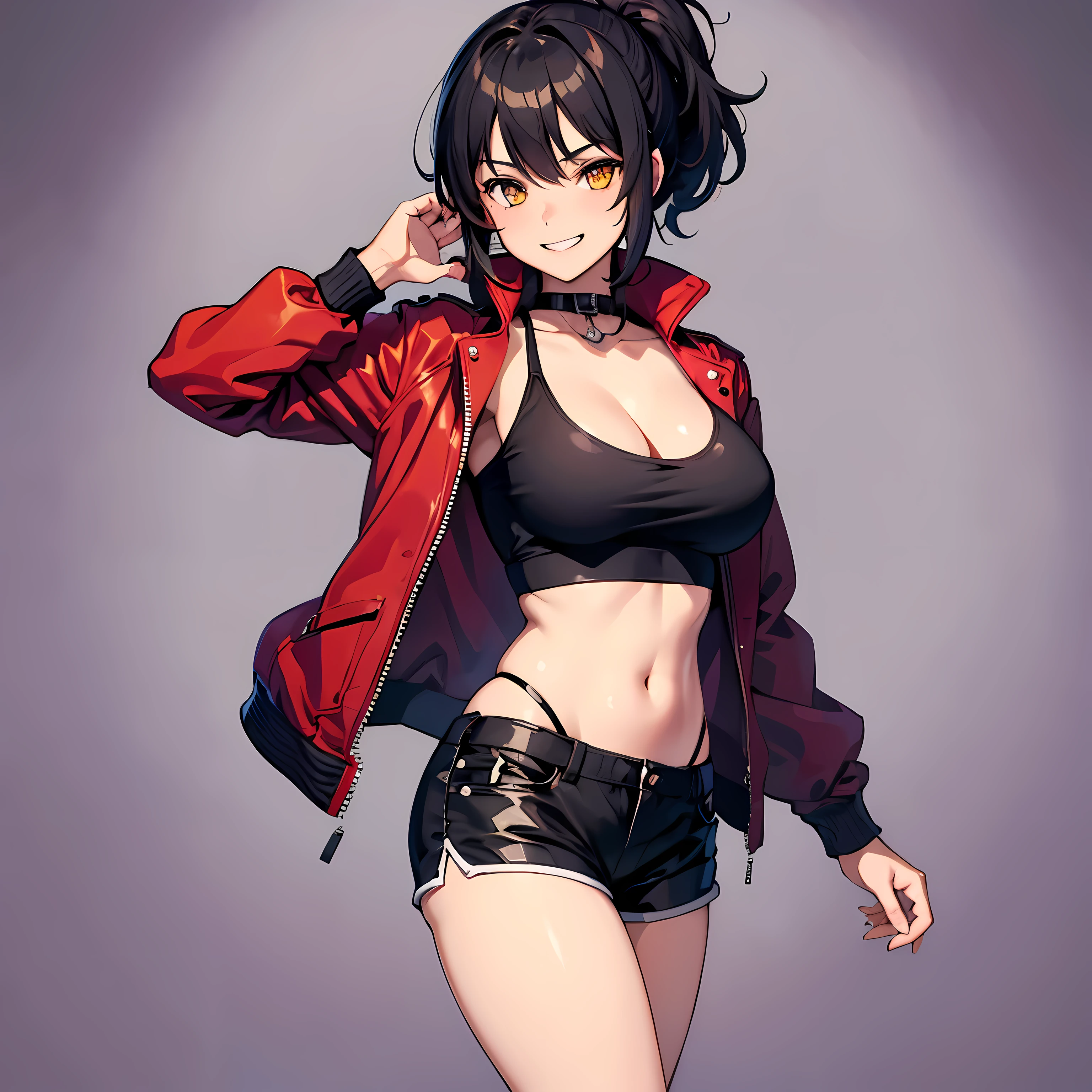 (Obra maestra), La mejor calidad, ojos expresivos, Cara perfecta, 1girl, solamente, tomboy, cabello desordenado, cola de caballo corta s, pelo negro BREAK ojos amarillos BREAK chaqueta motera, chaqueta roja BREAK camiseta sin mangas negra pantalones cortos BREAK, They are smiling, sonrisa, senos grandes, ombligo, Fondo a cuadros, purple backdrop, En pie