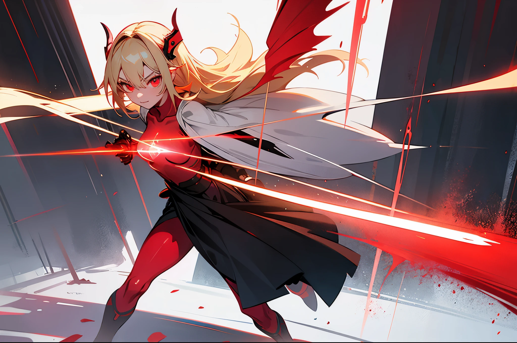 masterpiece, best quality, sidelighting, finely detailed beautiful eyes, realistic, (vampire:1.4), glowing eyes, blonde hair, red eyes, posing, very long hair, lustrous skin, solo, embarassed, cross, church, fire, (flying bats:1.4),