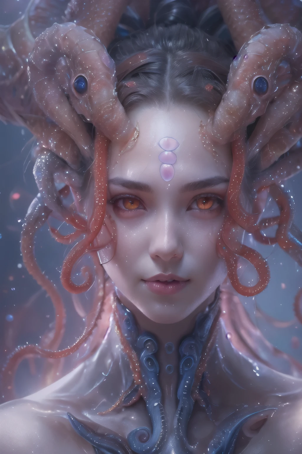 Portrait, (beautiful female alien:1.2),  (she has red eyes with no pupils:1.8), (Translucent skin:1.7),  (There is a female genital-like organ in the middle of the forehead:1.9), (The most beautiful face in the history of the universe:1.2),an evil gaze that seduces, (large mouth:1.1), (sharp teeth like a vampire:1.2), Full body like, (bio luminescent:1.5), (Smile wickedly:1.3),  (sexypose:1.5), alien, No humans, cells are fused, (Lots of translucent tentacles:1.3) extraterrestrial, cell, bio image, Best Quality, 8K,4K_quality, High Definition, Dramatic Lighting, masutepiece:1.5,cinematic quality, detail up, (Intricate details:1.2), High resolution, High Definition, drawing faithfully, (Thick eyebrows:1.2), Beautiful eyes with fine symmetry,(Highly detailed face and eyes:1.2), Intimate face, (Super detailed skin quality feeling:1.4), Perfect Anatomy,  (Beautiful toned body:1.5),  (Moist skin:1.2), No makeup, (dark circles:1.1), long canines, cinematic drawing of characters, ultra high quality model, cinematic quality, detail up, (Intricate details:1.2), High resolution, High Definition, drawing faithfully, Official art, Unity 8K wall  , 8K Portrait, Best Quality, Very High resolution, ultra detailed artistic photography, midnight aura,  unreal enginee 5, Ultra Sharp Focus, art by alberto seveso, ArtGerm, Roisch, intricate artwork, best quality, masutepiece, ultra High resolution, (photos realistic:1.4), Ultra-realistic realism, dream-like,  nautilus, Creation of fantasy, Snail, Dream Snail,  biopunk nautilus, Thrilling color schemes， Ultra-realistic realism， seductively smiling, Blue tentacles,