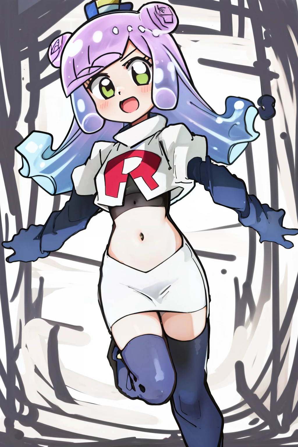 masterpiece, best_quality, 1girl, solo, puniru \(puniru wa kawaii slime\), puniru wa kawaii slime, gradient hair, bangs, green eyes, double bun, mini hat, long hair, team rocket,team rocket uniform,white skirt,red letter R,crop top,black thigh-highs,black elbow gloves,