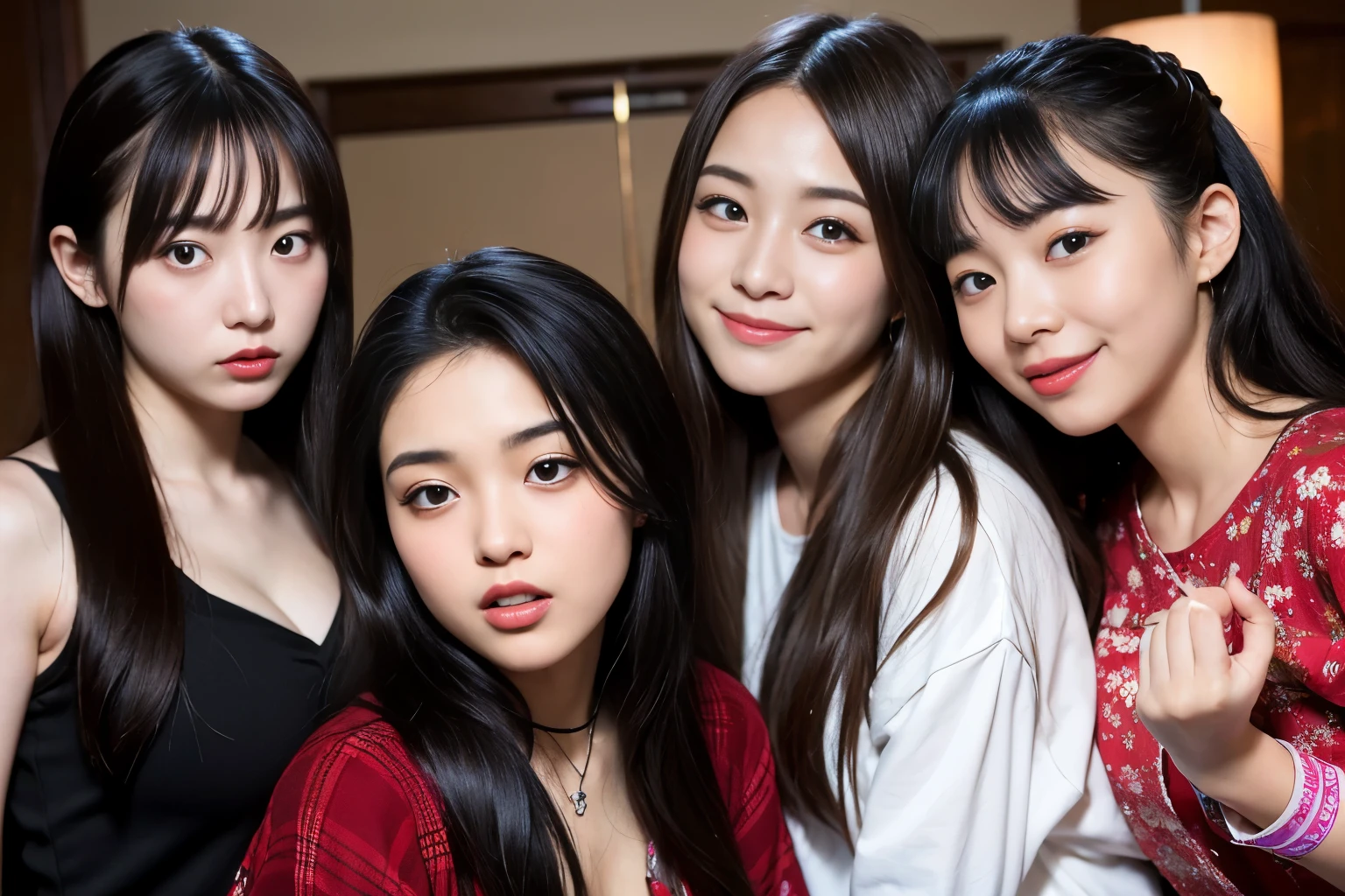 BEST-QUALITY, MASTERPIECE, ULTRA-HIGH-RESOLUTION, (PHOTOREALISTIC:1.4), RAW-PHOTO, ULTRA DETAILED, PERFECT-ANATOMYS, 3girls, all 16-years-old, all the most popular Japanese idols, all having a lot of fun at home drinking party, all completely-drunk and laughing-out-loud, all extremely cute and drunk faces, all amazingly beautiful big-black-eyes, all extremely beautiful hair, all extremely beautiful lips, all extremely beautiful and extremely realistic skins, all extremely beautiful lips, all extremely beautiful long-eyelashes