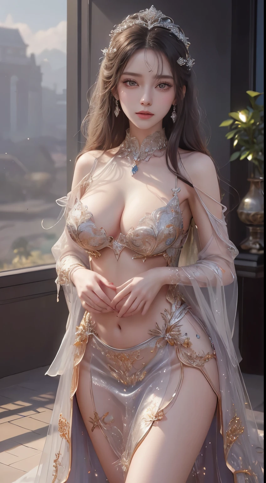 Woman in a transparent dress with red diamond crystal diamonds,view the viewer,(((nedium breasts, cleavage ))),Slim waist,(navel baring,Bare waist), Long hair, Ultra-detailed details,High-end Zhenyi station, Rainstorm site, detailed fantasy art, Stunning character art, Beautiful and exquisite character art, Beautiful gold and silver armor, Extremely detailed, Girl in shiny armor, Exquisite tiaras and jewelry,Crystal jewelry filigree, milky ways, Stunning visuals, (dynamic streaks, light tracks:1.2), Vibrant colors,
