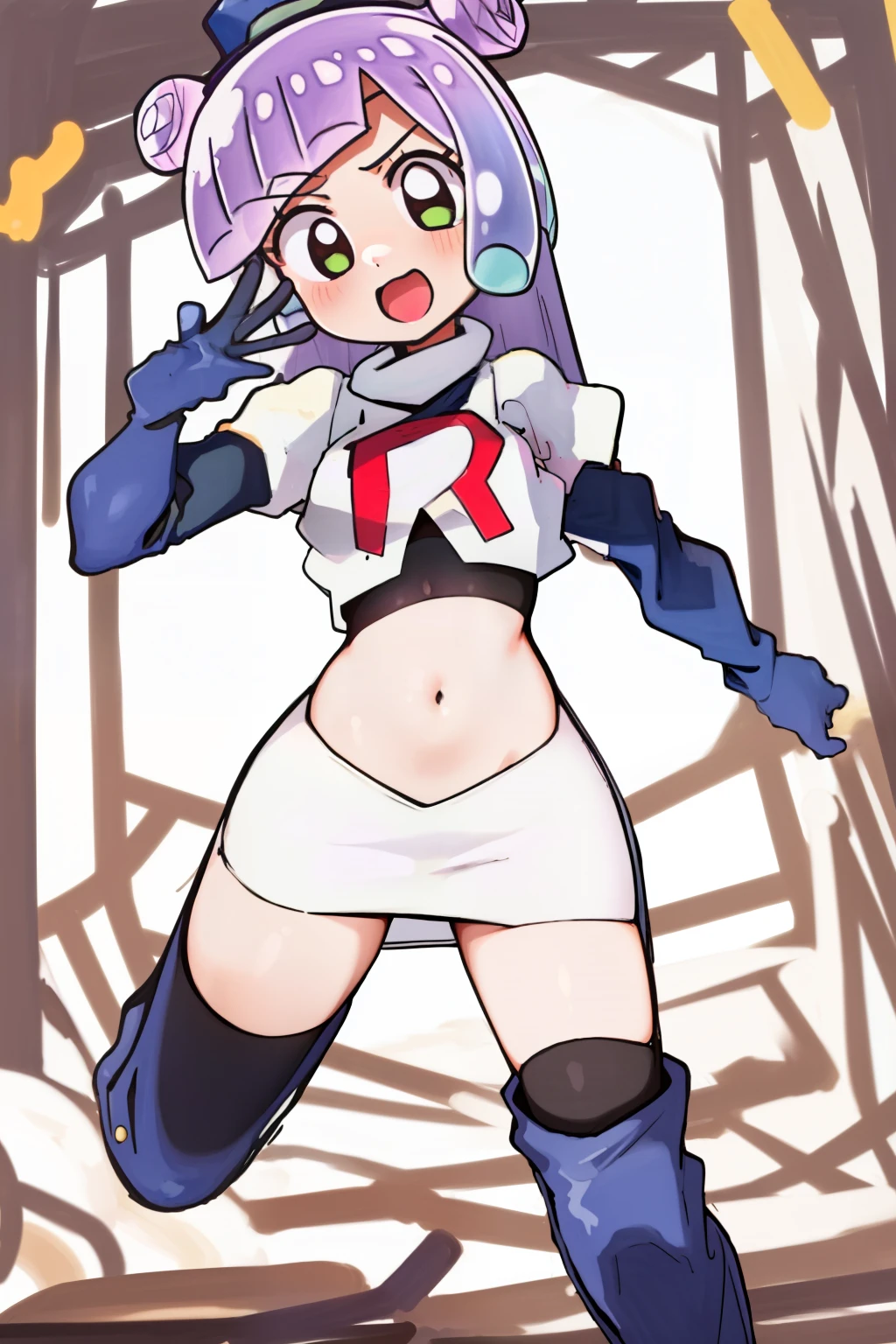 masterpiece, best_quality, 1girl, solo, puniru \(puniru wa kawaii slime\), puniru wa kawaii slime, gradient hair, bangs, green eyes, double bun, mini hat, long hair, team rocket,team rocket uniform,white skirt,red letter R,crop top,black thigh-highs,black elbow gloves,