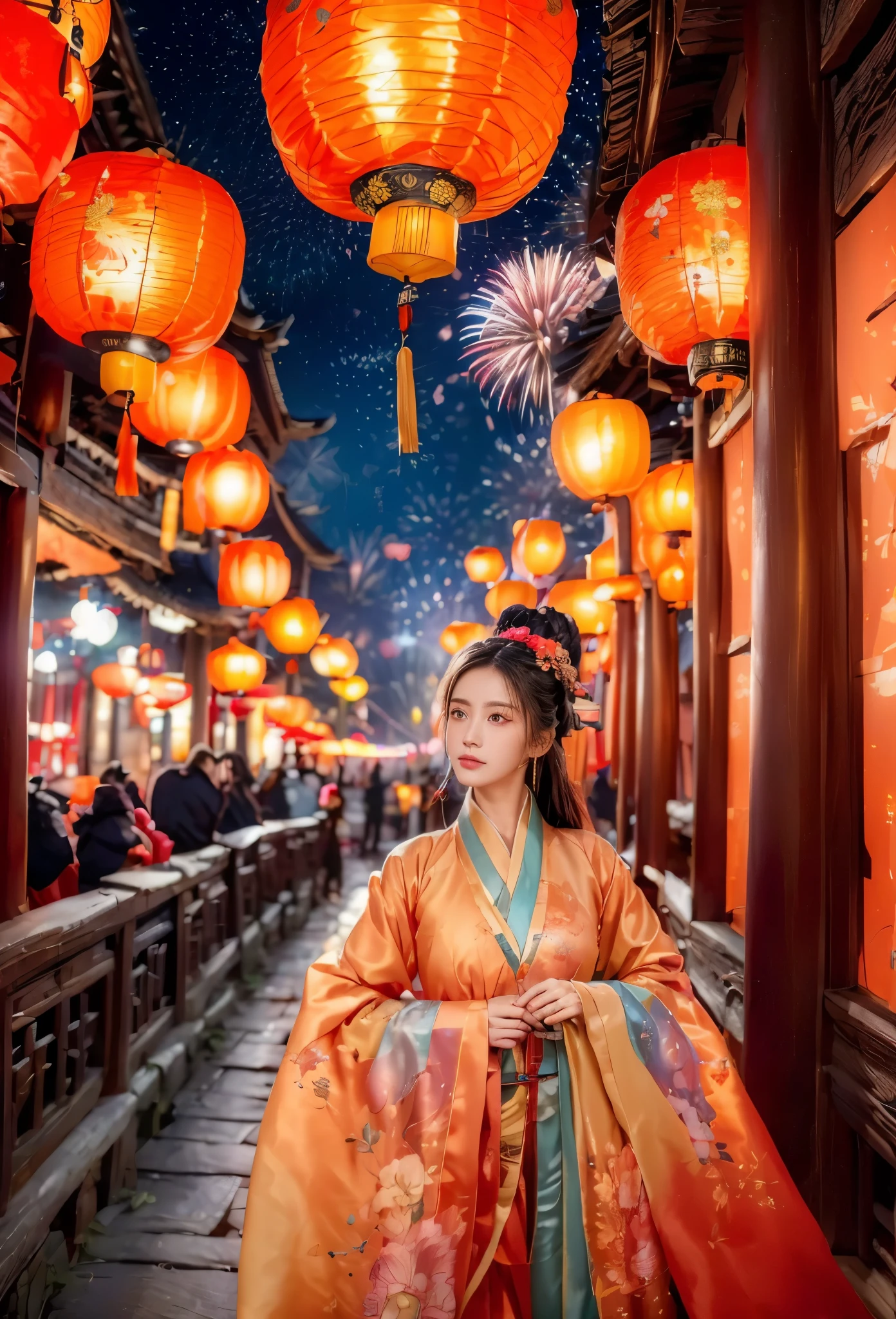 (Faraway view:1.9),The beautiful(Shanghai Yu Garden)Celebrate New Year's Day New Year's Countdown,new year 2024,(fireworks in the night sky:1.5),(((Hanging with many colorful arowana lanterns and decorations))),((Gorgeous Yu Garden)),((Fireworks bloom)),Beautiful reflection of fireworks and lanterns,a joyful atmosphere,((韩国女孩在Shanghai Yu Garden灯会展示她最美的红色汉服时尚舞蹈)),(pedestrians),Psychedelic stage,Ethereal atmosphere, (Anatomically correct, Delicate face makeup , pretty face, The face shape is perfectly proportioned),(Advanced facial details:1.1)A collection of shiny red luxury Hanfu dresses,Gorgeous Hanfu costumes and Hanfu beauties,真实感,Amazing Cleavage, 电影灯光, Sony FE , wide angles, first person perspective, 8K, hyper HD, tmasterpiece, acurate, ctextured skin, high detal, Best quality at best, Award-Awarded,Shoot from a distance,Sense of distance, hanfu,nsfw