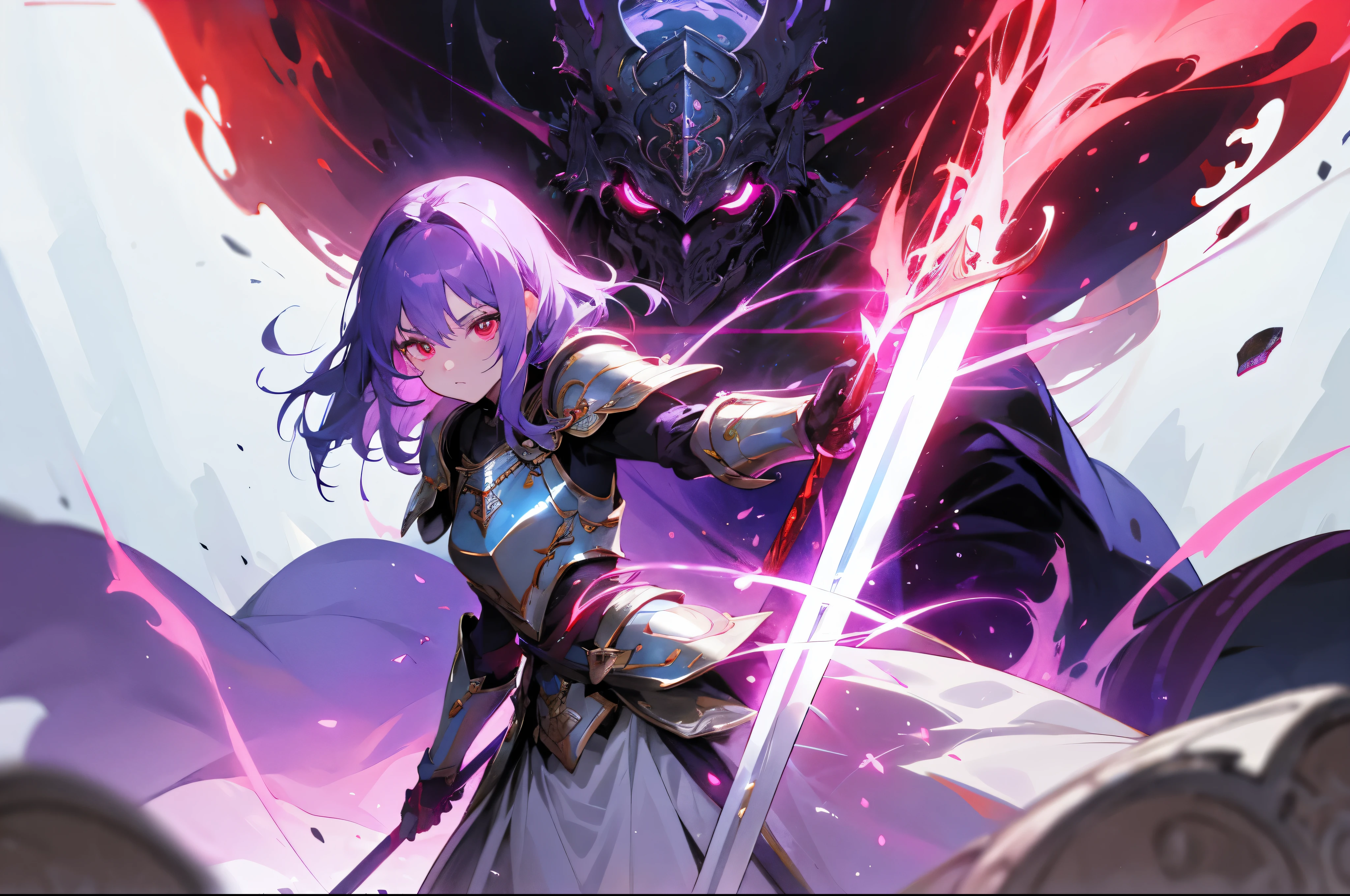 dream-like,epic,Illustration in movie poster style,Purple colored hair,A girl stands on armor,wielding a sword,With dynamic and magical backgrounds,Prominent and well-designed typographic elements,Stood up,self-assured,Steadfast,wielding a sword,epic标题,an enchanted forest,Glowing runes ancient writing,red color eyes,glowing light eyes,glowing light eyes,glowing light eyes,Dark ,White gold armor,chineseZodiac,Unbelievable